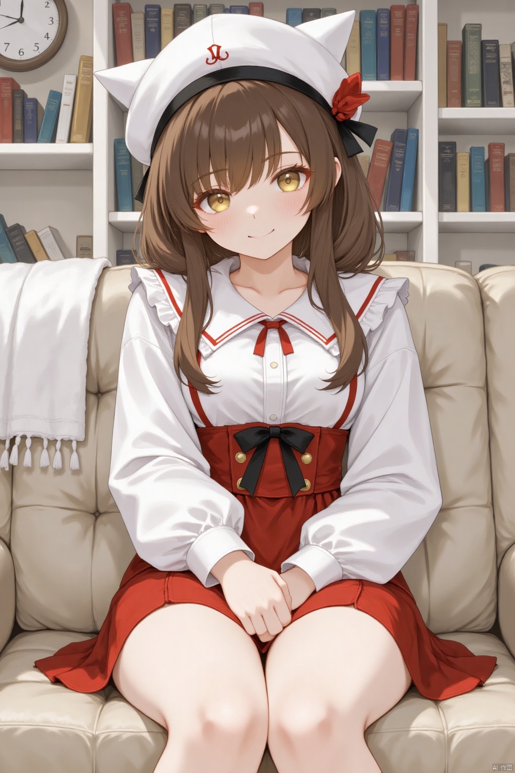 An animated image of an anime girl with long brown hair and a white hat. She is wearing a white and red outfit with a white collar. Her eyes are a bright yellow and she has a black bow on her head. The girl is sitting on a beige couch that has a white blanket draped over it. Behind her is a white shelf filled with books. To the left of the shelf is a clock that is hanging on the wall.