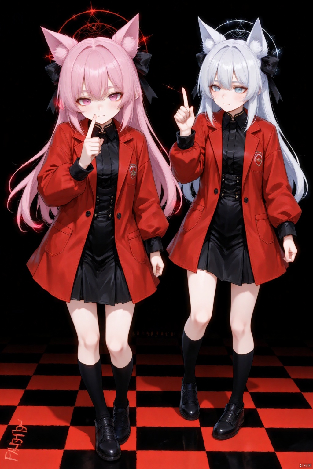An animated image of two anime characters standing on a black and red checkered background with the word "FASHION" at the bottom of the image. The girl on the left is wearing a red and black outfit with long pink hair and a black bow on her head. She has long white hair that is styled in a ponytail. Her hair is long and cascades down to her shoulders. She is wearing black shoes with black socks and black socks. Her right hand is raised in the air and she is pointing to the right. Her eyes are blue and her hair is white. Her mouth is slightly open.