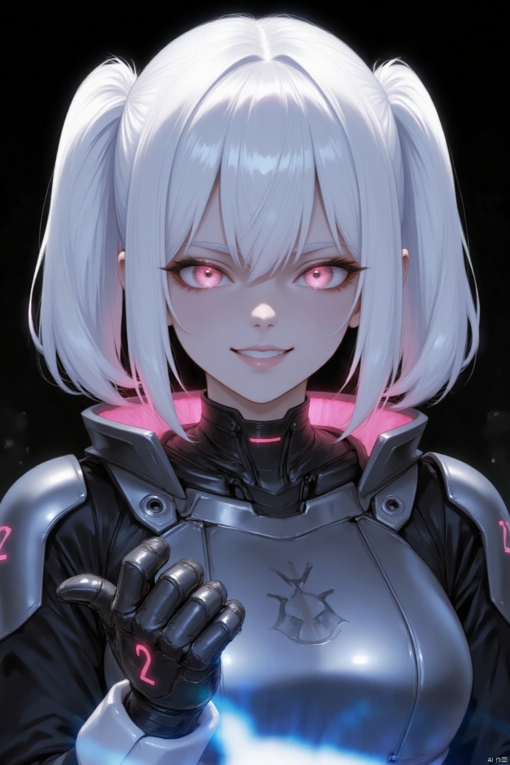 An animated image of an anime girl with long white hair and bright pink eyes. She is wearing a black and silver outfit with a pink collar. Her hands are raised in the air and she is holding a black glove with a red number "2" on it. The background is black.