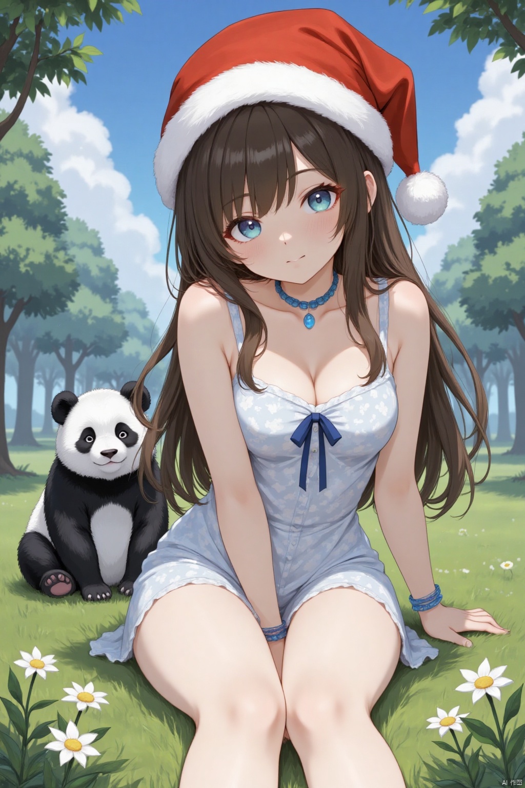 An animated image of a girl with long brown hair and blue eyes. She is wearing a Santa Claus hat that is red and white. She has a blue necklace around her neck. She also has blue bracelets on her wrists. She's sitting on a grass field that has white flowers on it. Behind her is a panda that is sitting on its hind legs. The panda is black and white and its eyes are blue. Behind the panda are trees that have green leaves. The sky is blue with white clouds.