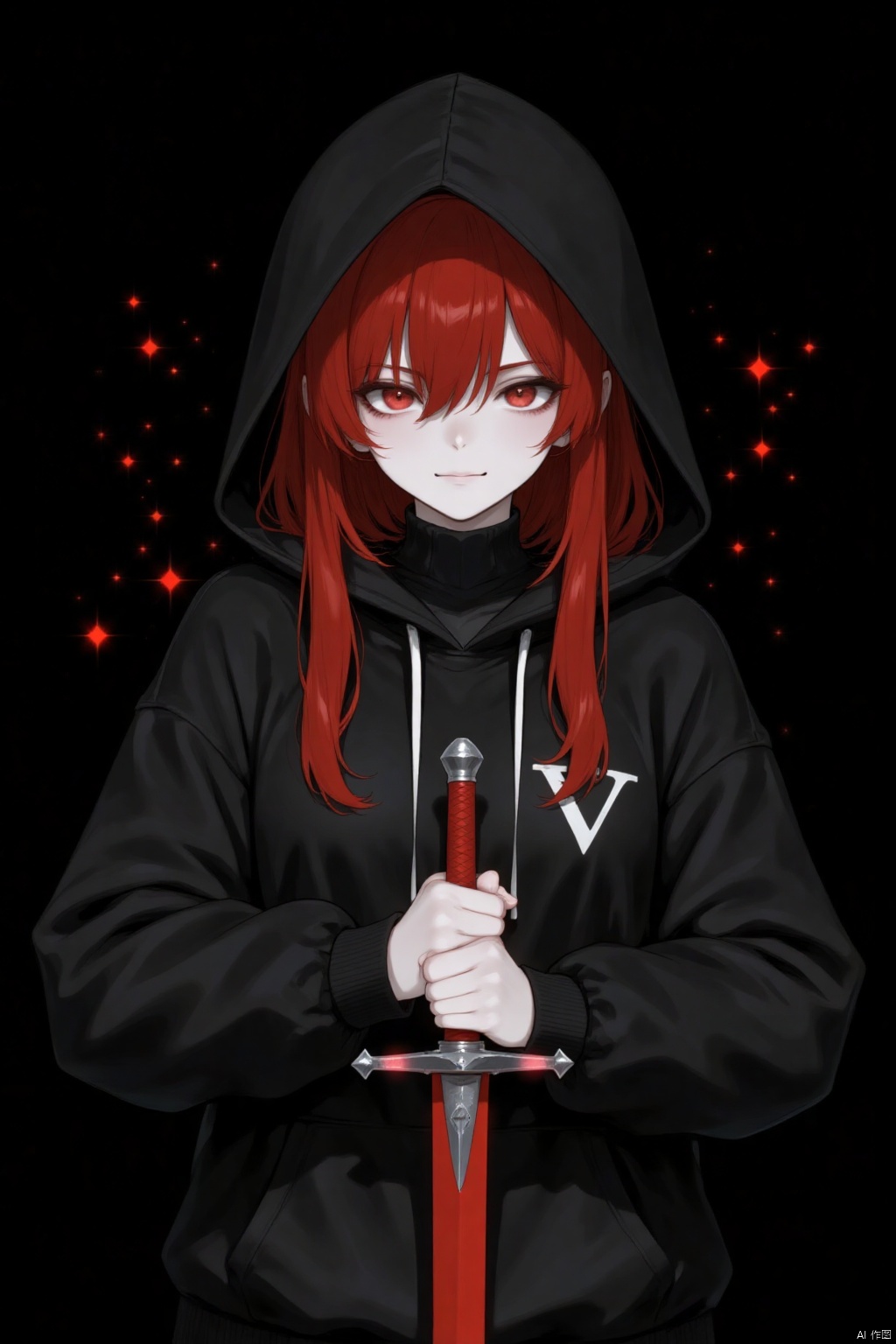 An animated image of a girl with long red hair and a white face. She is wearing a black hooded sweatshirt with a white V on the right side of the chest. Her hands are clasped in front of her, while she holds a red sword in her right hand. The sword has a silver blade and a red handle. The background is completely black with small red stars.