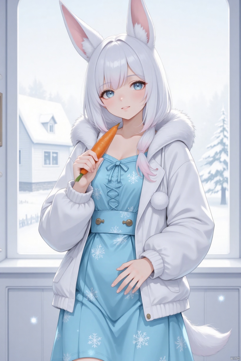 An animated image of a girl with long white hair and blue eyes. She is holding a carrot in her right hand. The carrot is a vibrant orange color. The girl is wearing a light blue dress with white snowflakes on it. She has a white jacket on with a white pom-pom on the right side of her chest. Her left hand is holding the carrot with her left hand. Her right hand is resting on her hip. Her eyes are a piercing blue color. Her ears are a light pink color. She's standing in front of a window with a view of a white house in the background.