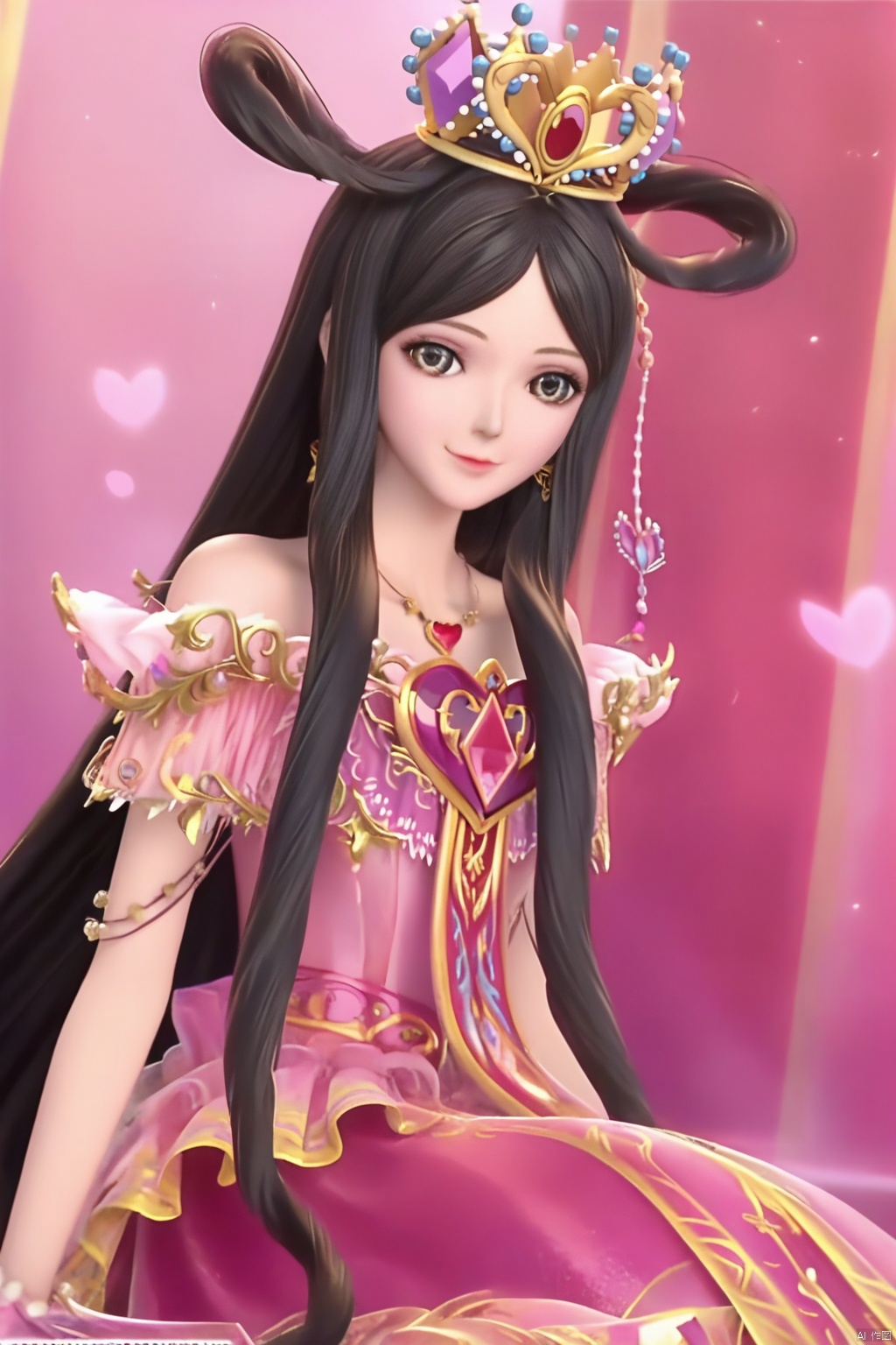 masterpiece, best quality, masterpiece,best quality,official art,extremely detailed CG unity 8k wallpaper,1girl,solo,long hair,looking at viewer,black hair,very long hair,crown,pink dress,hair rings,necklace,bare shoulders,jewelry,happy,happy,sitting,hand