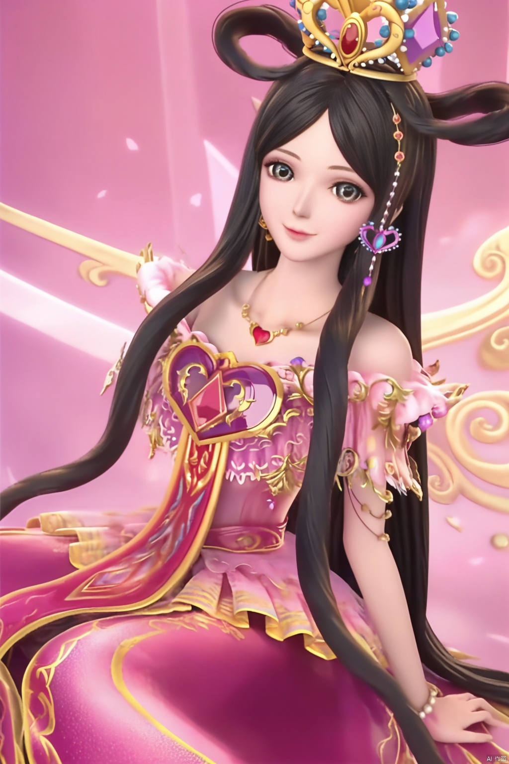 masterpiece, best quality, masterpiece,best quality,official art,extremely detailed CG unity 8k wallpaper,1girl,solo,long hair,looking at viewer,black hair,very long hair,crown,pink dress,hair rings,necklace,bare shoulders,jewelry,happy,happy,sitting,