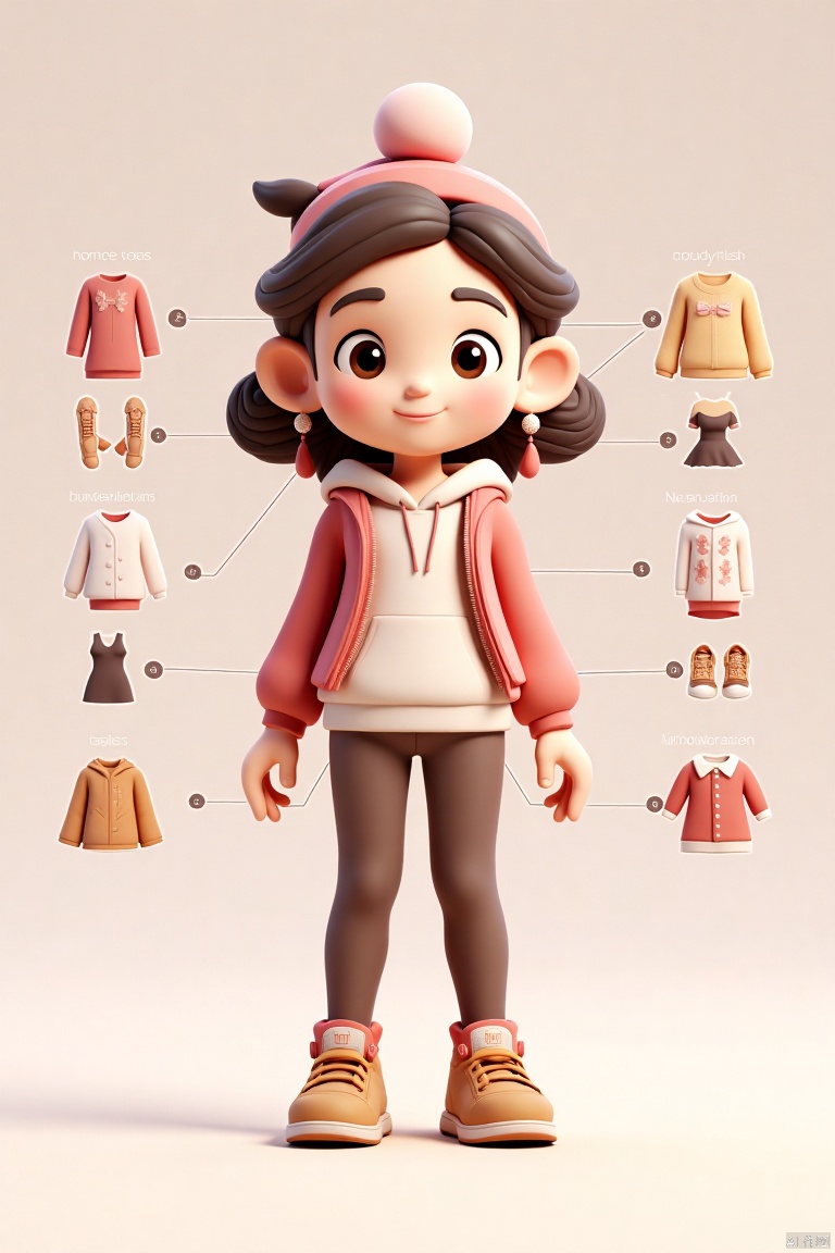 Cartoon characters,cartoon characters. Classify the background according to the body decoration parts,design an infographic,classify by the parts of clothing decoration,background for classification,reference table,with distribution on both sides.