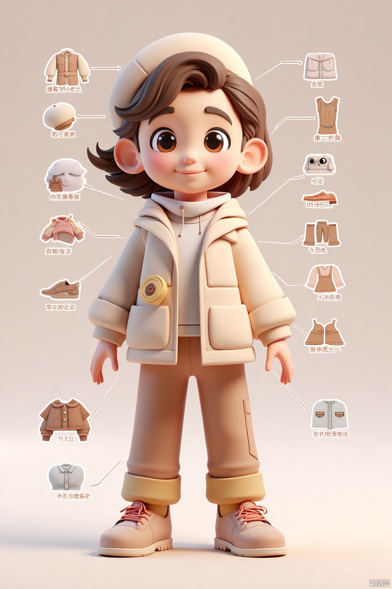 Cartoon characters,cartoon characters. Classify the background according to the body decoration parts,design an infographic,classify by the parts of clothing decoration,background for classification,reference table,with distribution on both sides.