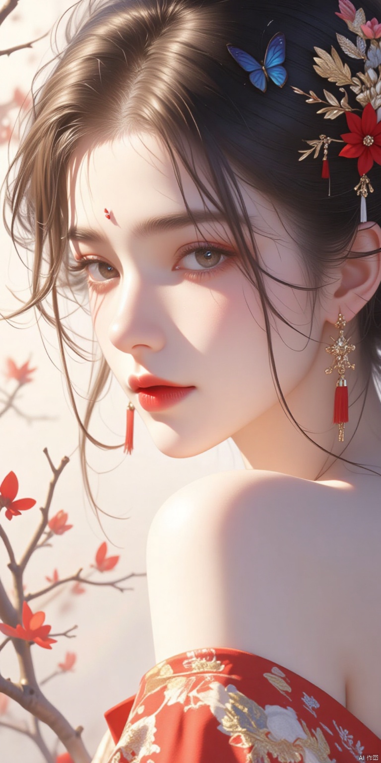 Stylized Portrait of a Woman with Red Lipstick and Butterfly Earrings,Surrounded by Floral Elements., masterpiece:1.2),best quality,high resolution,unity 8k wallpaper,(illustration:1),perfect lighting,extremely detailed CG,finely detail,extremely detailed,soft lighting and shadow,soft yet striking lighting,film grain:1.2,(skin pores:1.2),(detailed skin texture:1),((solo:1.5)),Detailed face,(see-through:1.1),misty,Low Key:1.1,depth of field,