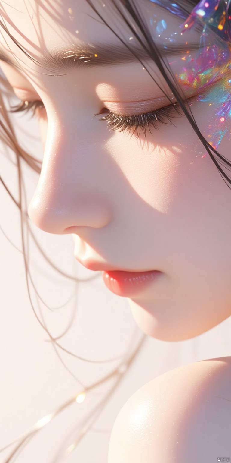 A mesmerizing close-up shot of a captivating young woman's face, set against a crisp white background that serves as a canvas for her radiant features. Delicate lines and subtle shading dance across her skin, illuminated by an inner light that seems to glow from within. Her eyes sparkle with a soft, romantic intensity, surrounded by gentle curves and delicate details that seem to whisper secrets of timeless beauty. The overall composition is a symphony of vibrant hues, bursting forth in a kaleidoscope of colors that cast a spell of enchantment.