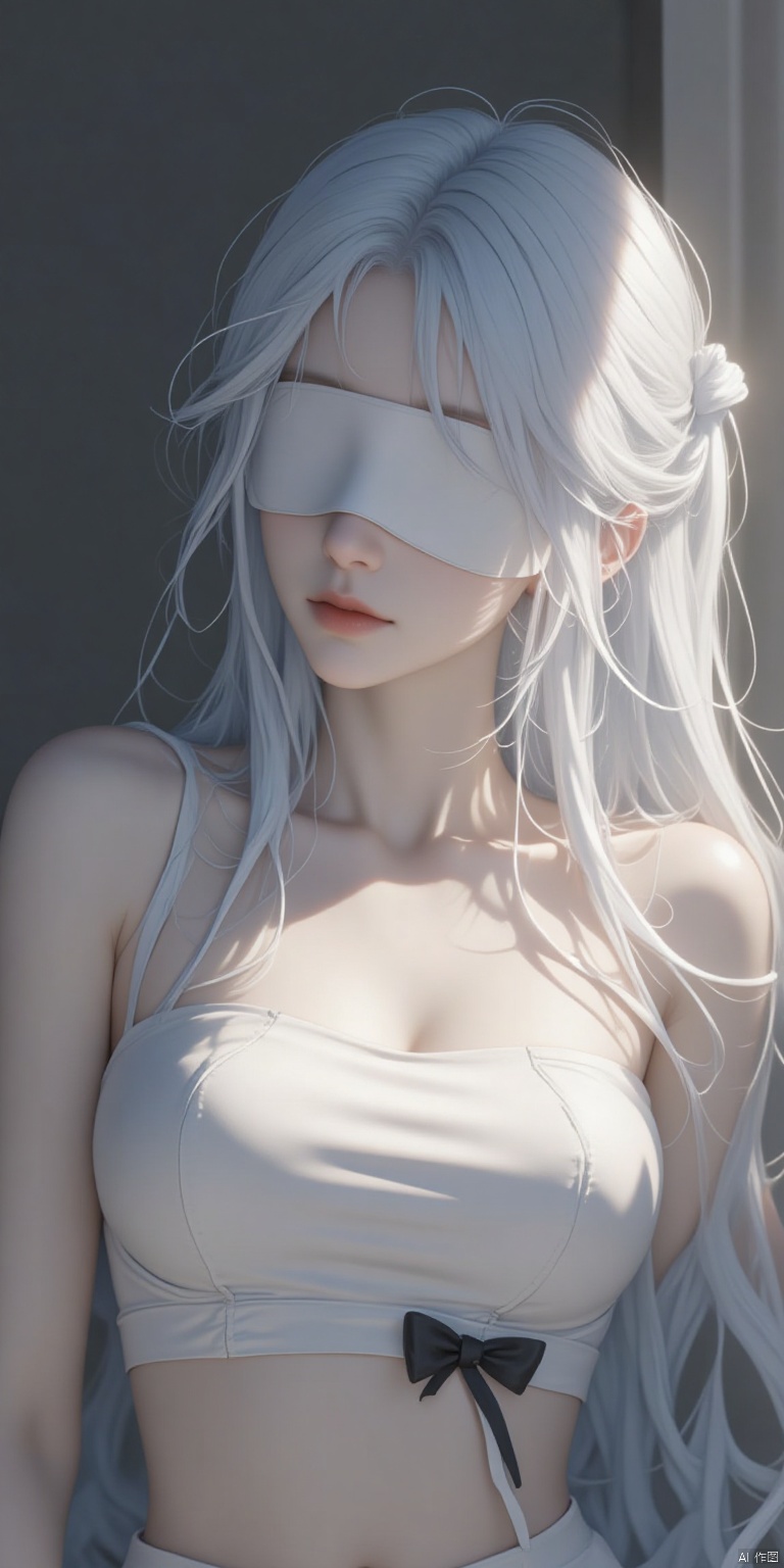 a woman with long light blue hair wearing a white strapless bra with a black bow at the bottom. Her eyes are covered by a white blindfold adding a touch of privacy to the scene. The backdrop is a dark gray with a light shining on the right side of the image creating a stark contrast.