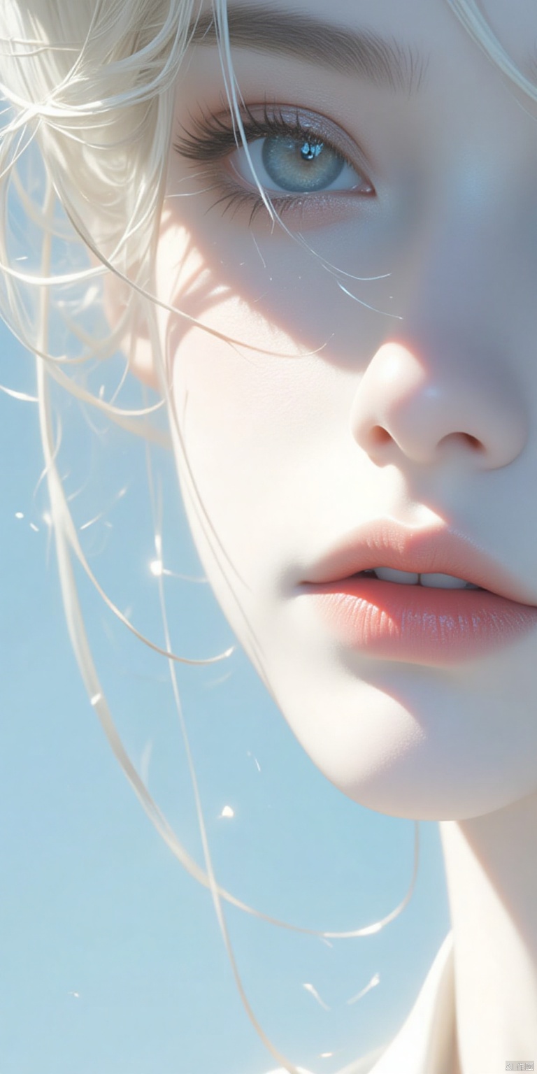 a medium-angle shot of a woman's face is depicted in a close-up shot. The woman's eyes are a piercing blue and her long wavy blonde hair cascades over her shoulders. Her lips are a vibrant shade of pink adding a pop of color to the scene. The backdrop is a light blue creating a stark contrast to the woman's white skin. The shadow of the woman is cast on the left side of the image adding depth to the composition.