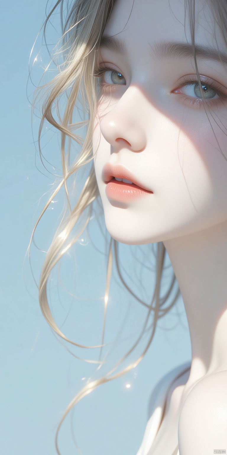  a medium-angle shot of a woman's face is depicted in a close-up shot. The woman's eyes are a piercing blue and her long wavy blonde hair cascades over her shoulders. Her lips are a vibrant shade of pink adding a pop of color to the scene. The backdrop is a light blue creating a stark contrast to the woman's white skin. The shadow of the woman is cast on the left side of the image adding depth to the composition.