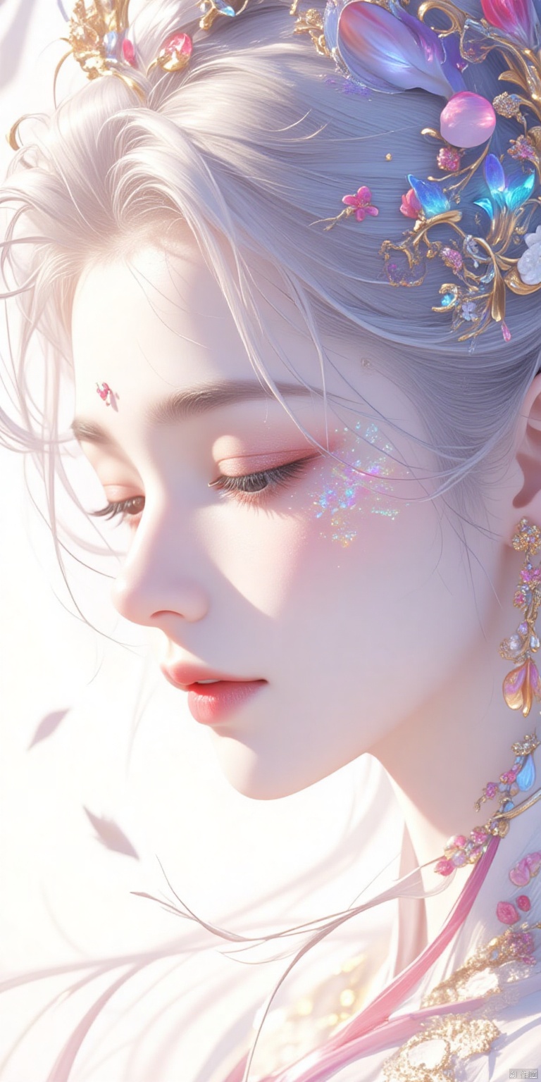 A stunning 8K fractal artwork! On a crisp white background, a majestic young woman's face is delicately rendered in intricate lines and swirling patterns. Her features are exquisitely detailed, with shimmering bright colors that seem to dance across her skin. Soft, feathery strands of hair frame her gentle expression, evoking a sense of ethereal romance. The overall effect is breathtakingly beautiful, a true masterpiece of digital artistry.,wanghong