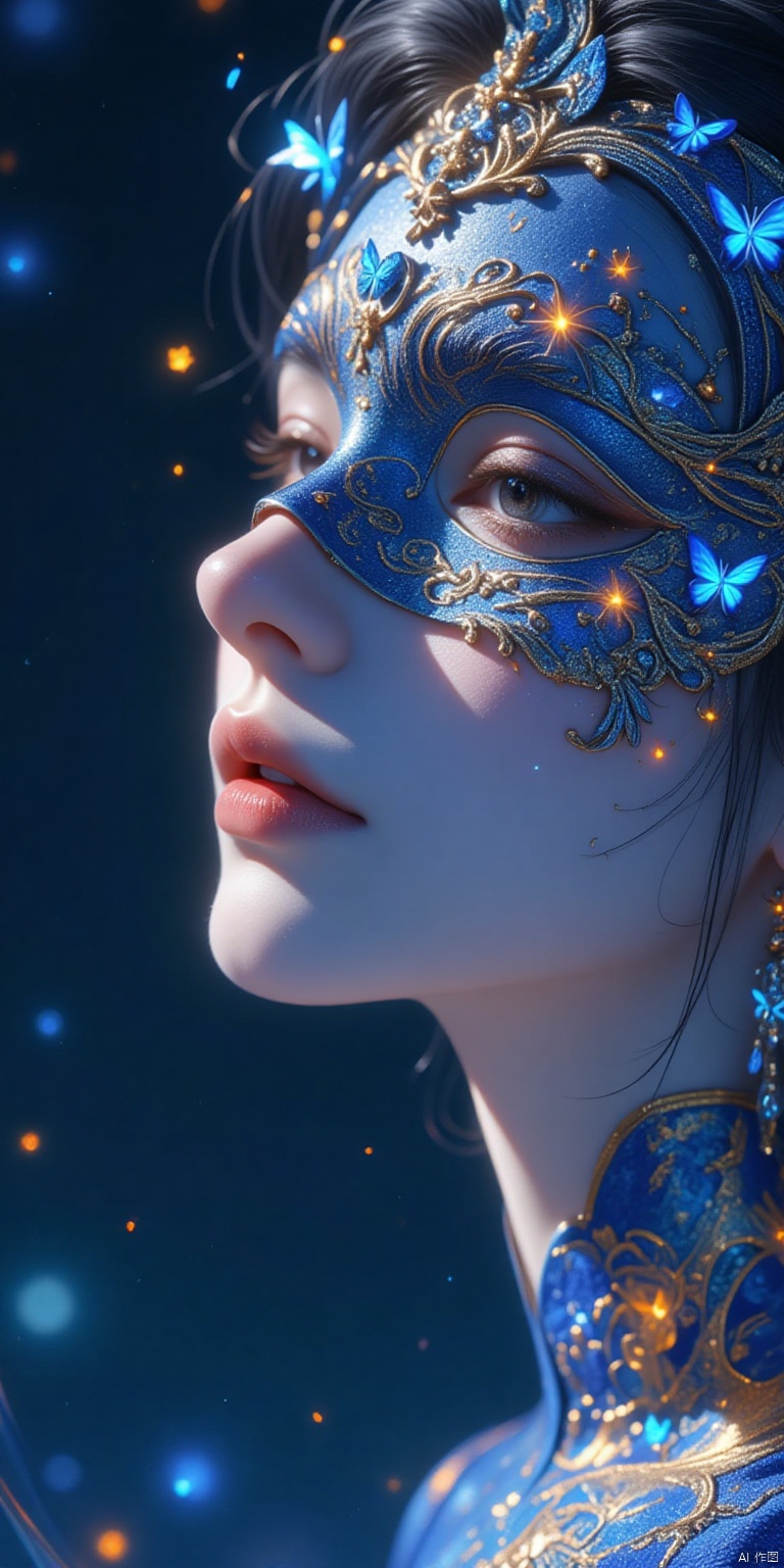 Close-up of a woman's face, focusing on her right side, wearing an ornate, intricate masquerade mask that covers her eyes and upper nose. The mask is detailed with lace-like patterns, embedded with small glowing lights and tiny luminescent butterflies, primarily in blue and orange hues. The mask has an elaborate design that merges seamlessly with her skin, which is illuminated with bioluminescent patterns glowing in shades of blue and orange, covering her neck, shoulders, and chest. Her lips are slightly parted, showing a natural yet,1girl