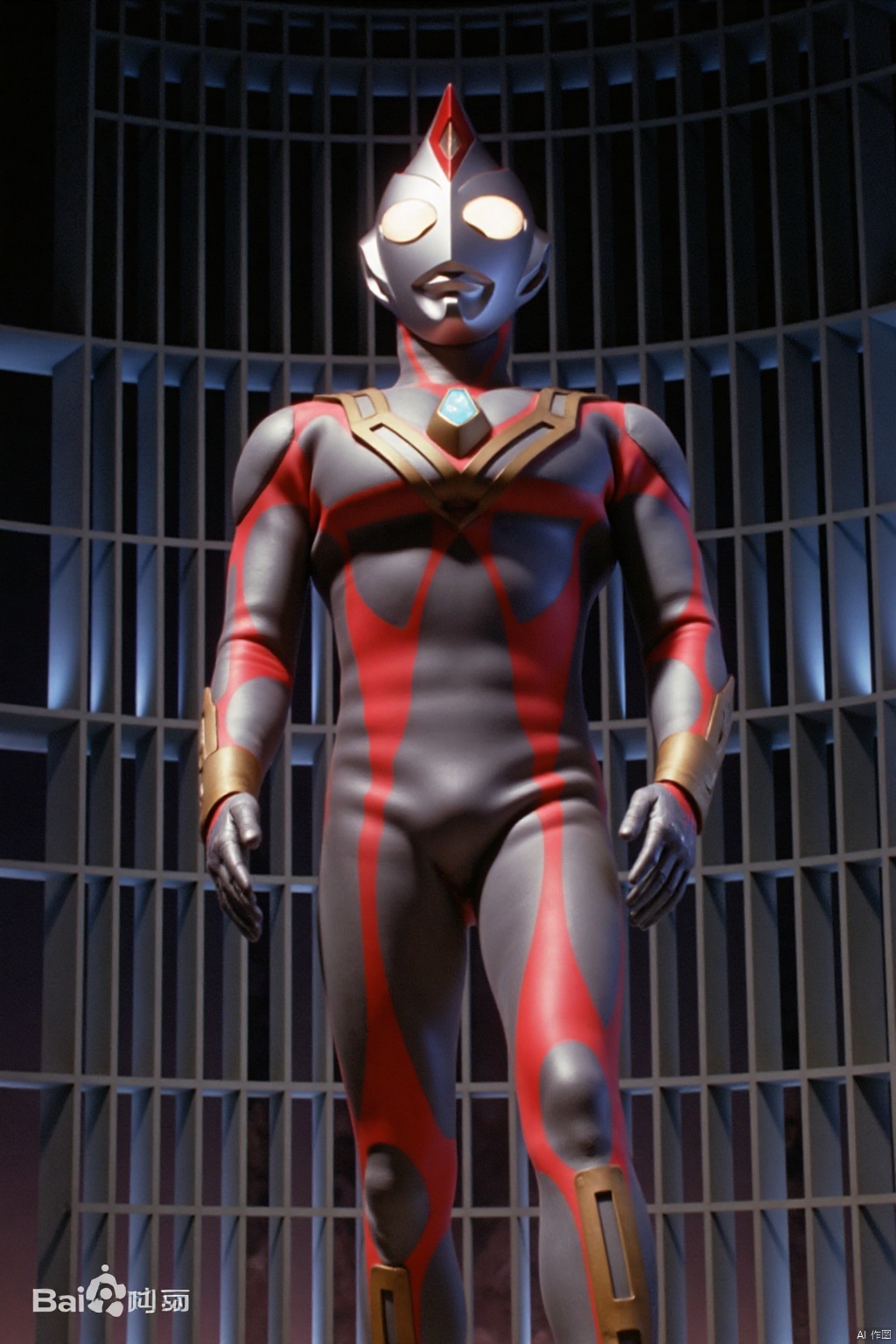 ultraman,silver bodysuit,silver gloves,legwear,gloves,boots,cover,mask,plugsuit,armor,bodysuit,red pattern on body,silver tight-fitting,silver footwear,helmet,leather suit,latex,tokusatsu,no humans,science fiction,silver head,hard mask,no smile,no eyes,no nose,solo,silver rubber bodysuit with red line