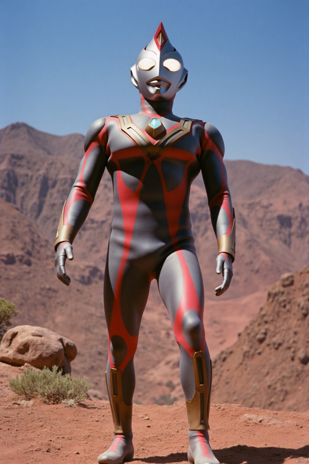 ultraman,silver bodysuit,silver gloves,legwear,gloves,boots,cover,mask,plugsuit,armor,bodysuit,red pattern on body,silver tight-fitting,silver footwear,helmet,leather suit,latex,tokusatsu,no humans,science fiction,silver head,hard mask,no smile,no eyes,no nose,solo,silver rubber bodysuit with red line