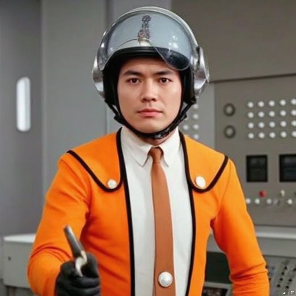 SSSP,helmet,necktie,white shirt,shirt,orange pants,orange jacket,suit,collar,belt,logo,uniform,jacket,gloves,boots,emblem,pants,black gloves,black footwear,