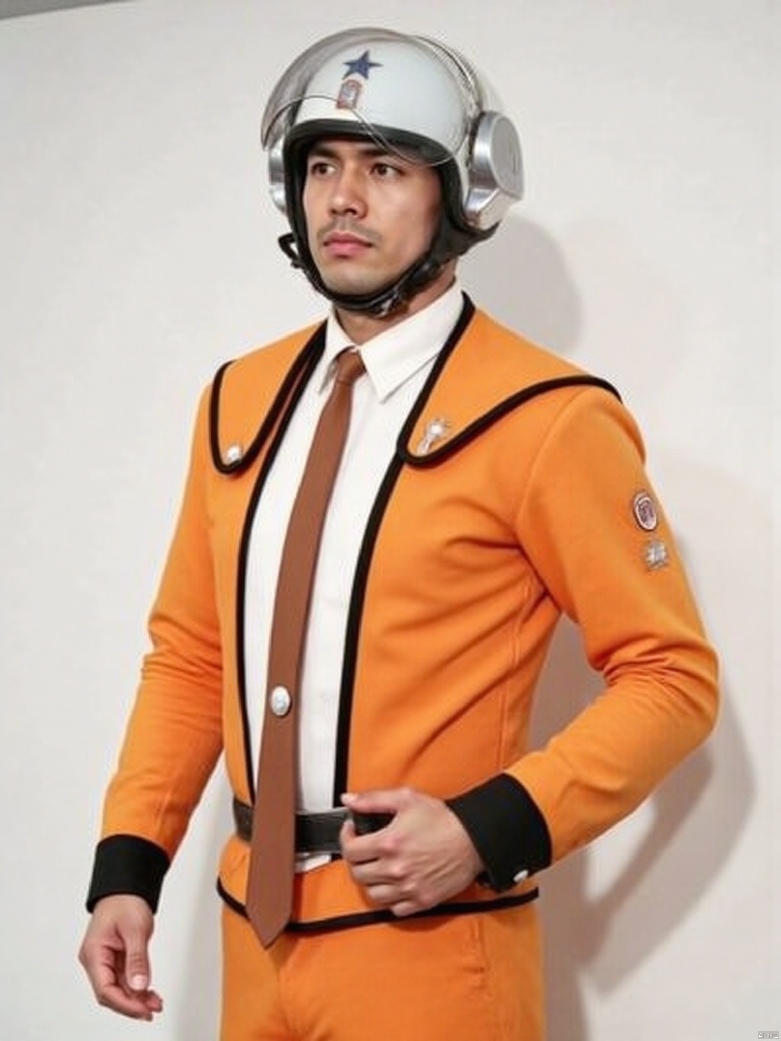 SSSP,helmet,necktie,white shirt,shirt,orange pants,orange jacket,suit,collar,belt,logo,uniform,jacket,gloves,boots,emblem,pants,black gloves,black footwear,