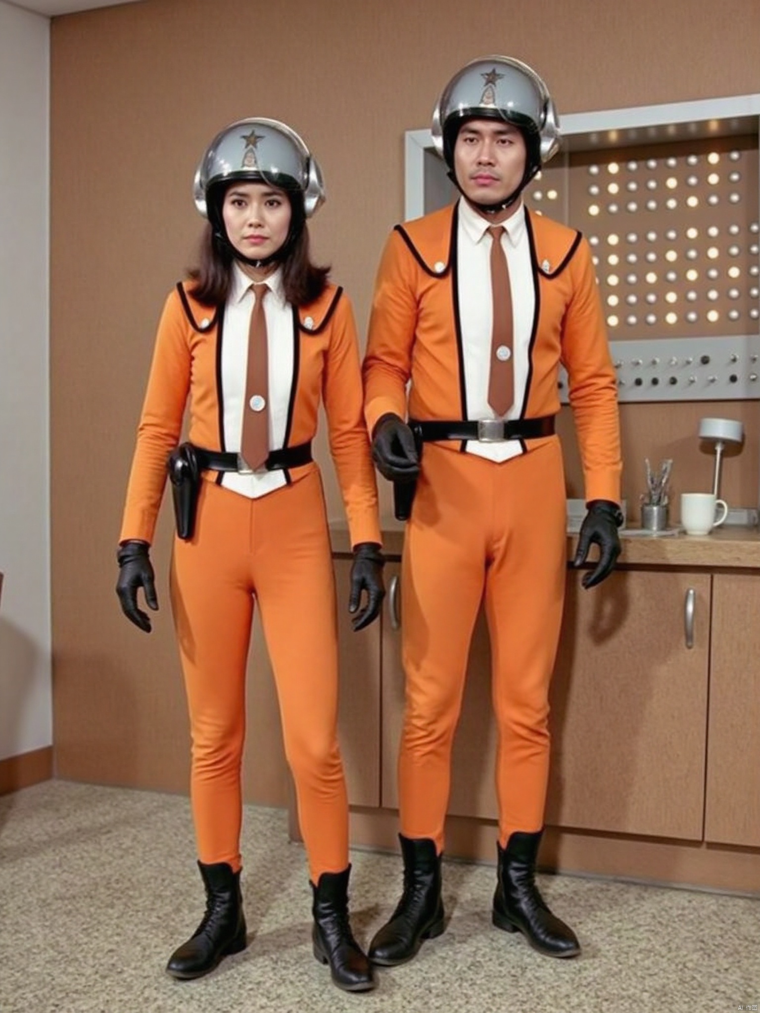 SSSP,helmet,necktie,white shirt,shirt,orange pants,orange jacket,suit,collar,belt,logo,uniform,jacket,gloves,boots,emblem,pants,black gloves,black footwear,