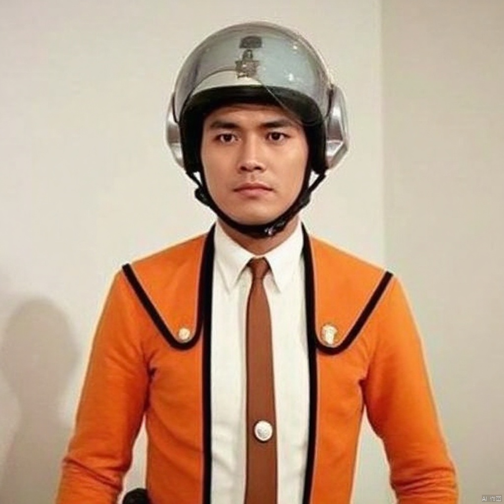 SSSP,helmet,necktie,white shirt,shirt,orange pants,orange jacket,suit,collar,belt,logo,uniform,jacket,gloves,boots,emblem,pants,black gloves,black footwear,
