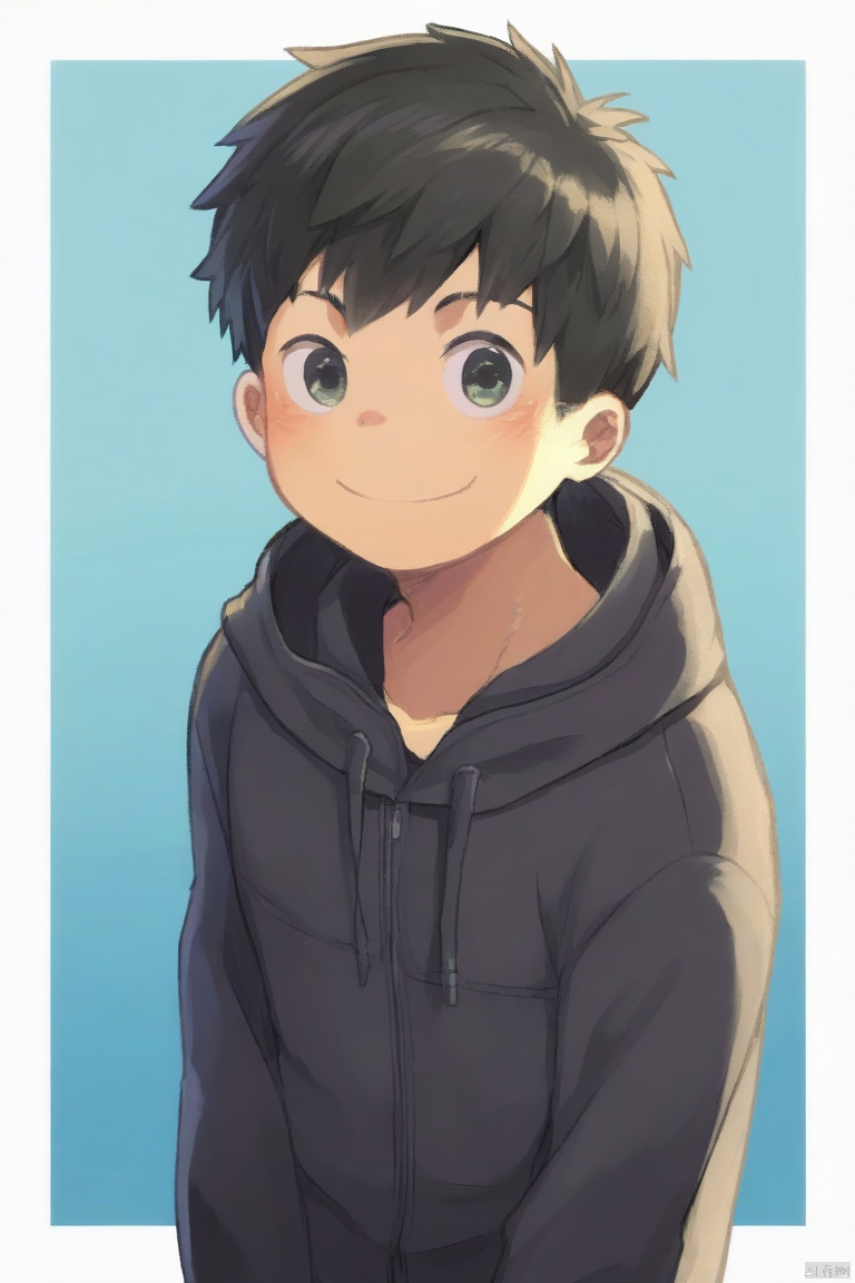 steelwire-style,1boy,black hair,black jacket,border,child,drawstring,hood,hood down,hooded jacket,jacket,male focus,outside border,short hair,smile,solo,upper body,white border (masterpiece,best quality),