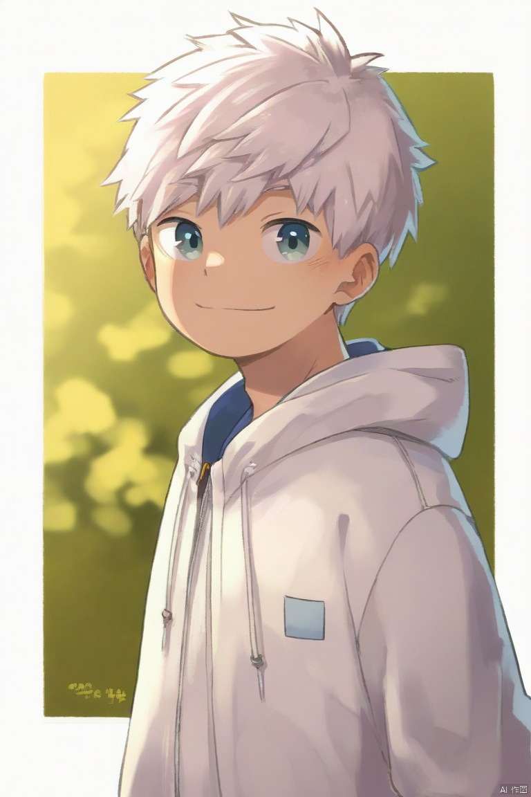 steelwire-style,1boy,white hair,white jacket,border,child,drawstring,hood,hood down,hooded jacket,jacket,male focus,outside border,short hair,smile,solo,upper body,white border (masterpiece,best quality),