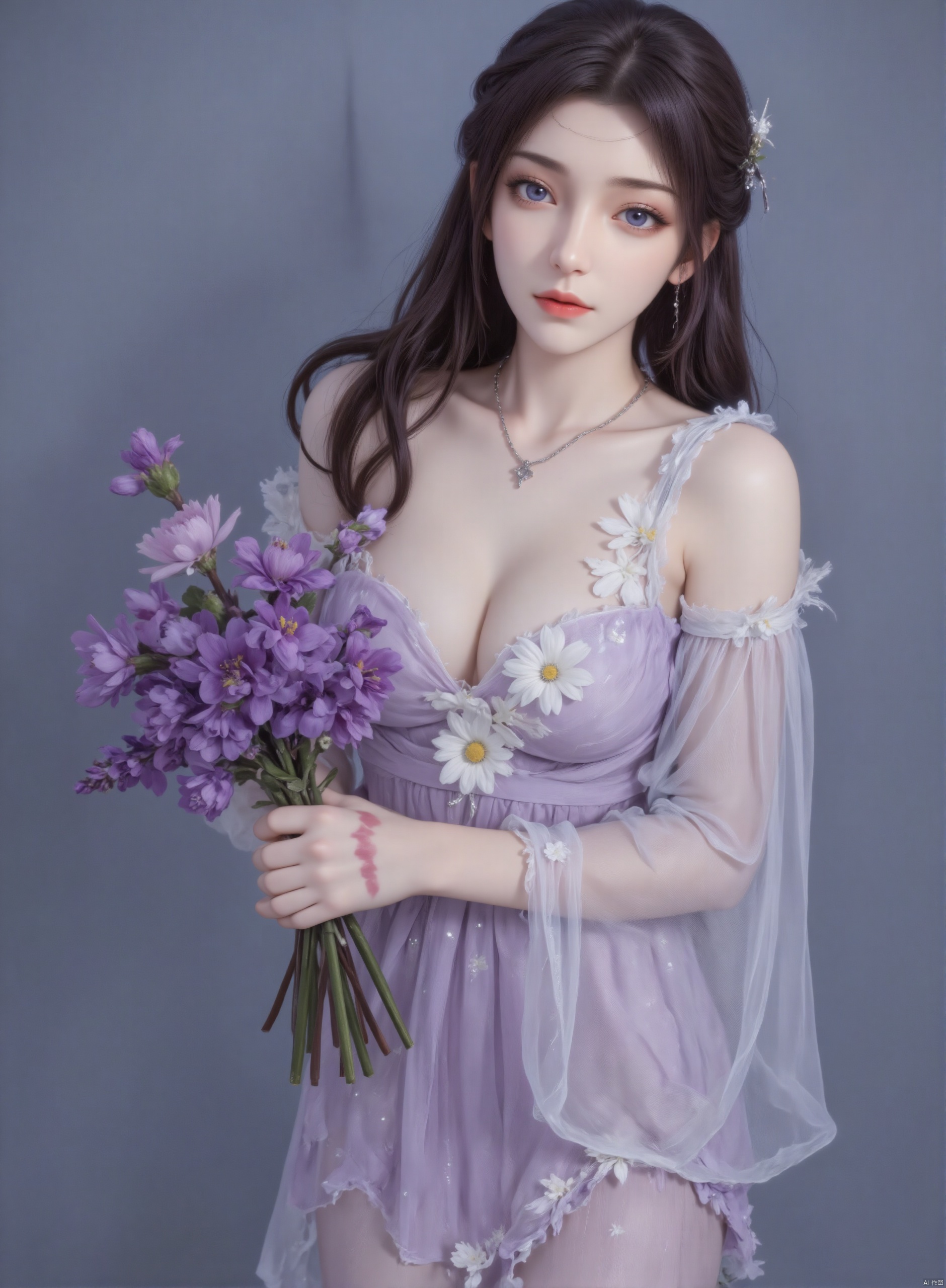a medium-sized female doll with long, wavy brown hair and blue eyes is adorned with a silver necklace and earrings. She is wearing a light purple strapless dress adorned with white flowers. Her hands are draped in a vase of purple flowers, adding a touch of color to the scene. The backdrop is a light blue, creating a stark contrast to the doll's outfit.,zichu