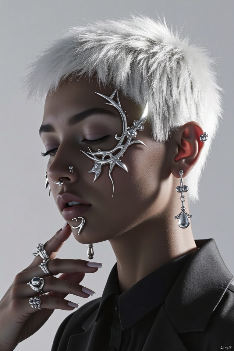 WXYH,3A,,,solo,full_shot,
1girl, solo, short hair, simple background, jewelry, white hair, earrings, dark skin, grey background, dark-skinned female, lips, piercing, ring, ear piercing, portrait