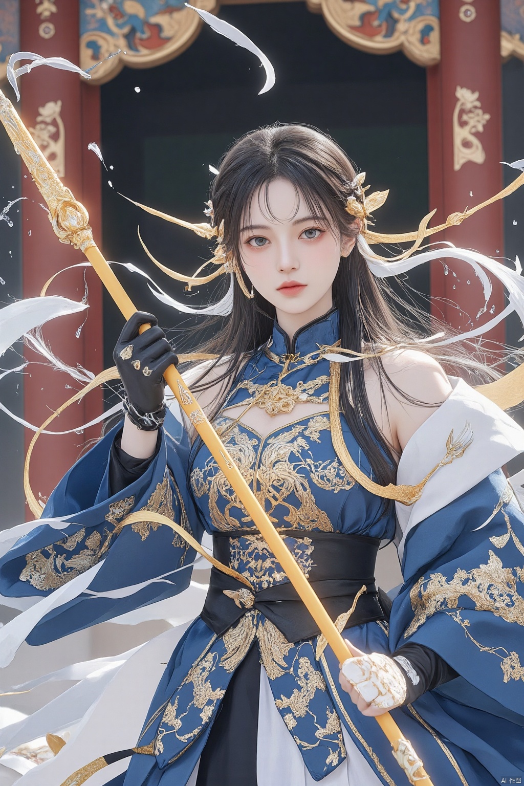 (Masterpiece, Top Quality, Ultra Detailed, 8k, Exquisite Detail)
Illustration of a beautiful young female spear wielder in a fantasy anime style.
She wears an ornate blue, white and gold dress decorated with intricate patterns.
She wears a breastplate decorated with navy blue and gold.
Her long black hair is tied back with a braid of gold ornaments.
Her hands are fitted with black gloves decorated with gold.
Her blue eyes are filled with determination.
She wields and swings a very long spear, richly designed with intricately detailed golden patterns and swirling motifs.
Her movements are imbued with overwhelming power, as if a dragon were dwelling within her.
She is in a dynamic pose facing her opponent, ribbons and feathers of energy swirl around her, water splashes and wind ripples, light ripples and swirls.
The spear she is swinging is emitting golden glowing waves, as if to represent her aura.
She wields her spear in a dancing motion.

A vibrant color scheme with blue, white, gold and black accents.
The background is a grand detailed setting of a Chinese palace or temple.

Colorful pillar motifs with dragons and glittering fine detailing,

Highly detailed composition, dramatic lighting, epic fantasy atmosphere, detailed cinematic quality