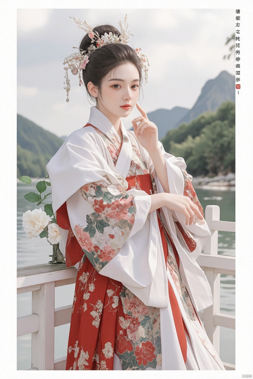 8k, masterpiece, best quality, two-dimensional, (Chinese traditional ink painting:0.2), (perfect hands:1.4), stockings,Wearing hanfu,The stockings on the legs are exposed,River in the background,koyama,Small animals