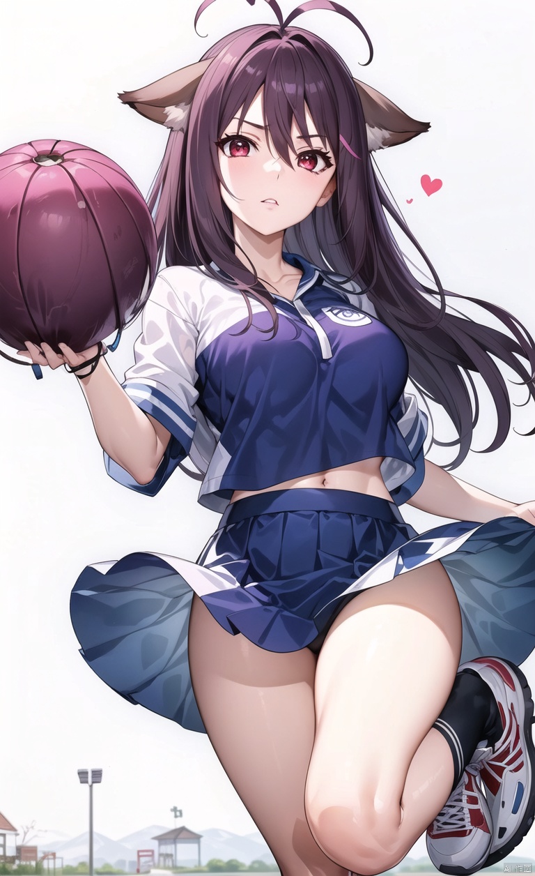 Fox ears, animal ears, ears on the left and right sides of the head,
Purple hair, red eyes, long hair, dull hair, (an antenna hair), hair between the eyes, bangs, simple background, clear background,
Cheerleader uniform, red bow tied around the neck, white shirt short sleeved, purple short leather jacket, purple checkered medium skirt, checkered skirt, white socks, knee high socks, sports shoes, holding purple flower balls in both hands, dancing, jumping, on the playground,