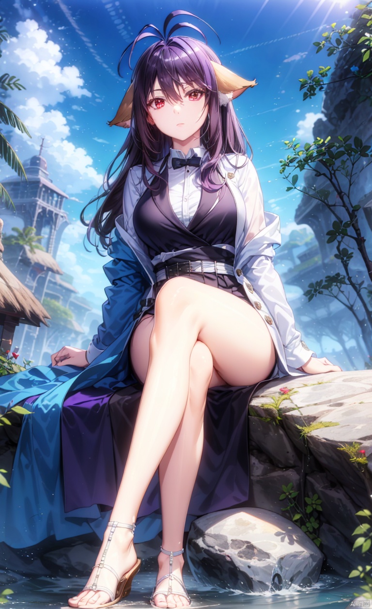 Fox ears, animal ears, ears on the left and right sides of the head,
Purple hair, red eyes, long hair, dull hair, (an antenna hair), hair between the eyes, bangs, simple background, clear background. Blue sky, white clouds, white shirt, black tie, black jacket, black pants,
Sitting on a stone with crossed legs, by the water's edge,