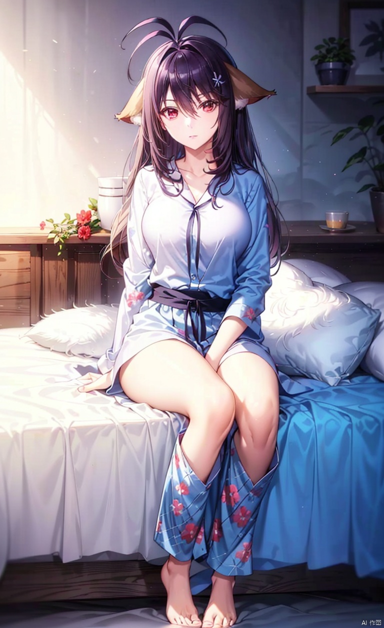 Fox ears, animal ears, ears on the left and right sides of the head,
Purple hair, red eyes, long hair, dull hair, (an antenna hair), hair between the eyes, bangs, simple background, clear background,
Red long sleeved pajamas, red long pajamas, indoors, sitting by the bed with legs open, flower pots and flowers on the table, hands supporting the bed, sitting posture,