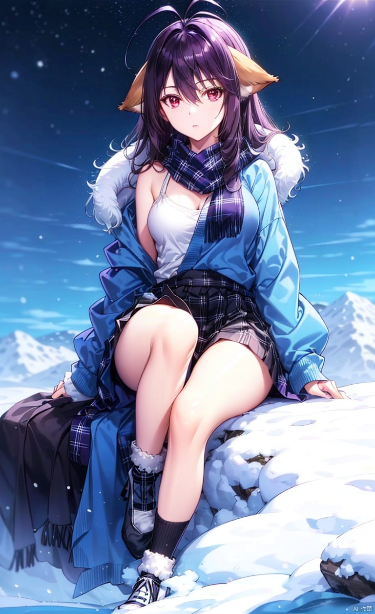 Fox ears, animal ears, ears on the left and right sides of the head,
Purple hair, red eyes, long hair, dull hair, (an antenna hair), hair between the eyes, bangs, simple background, clear background,
Blue sweater, furry clothes, furry top, purple scarf, medium length skirt, plaid skirt, jumpsuit, jumpsuit socks, black jumpsuit socks, sports shoes, shoes, on the mountaintop, overlooking the mountain below, sitting on the mountaintop, snow, snow background,