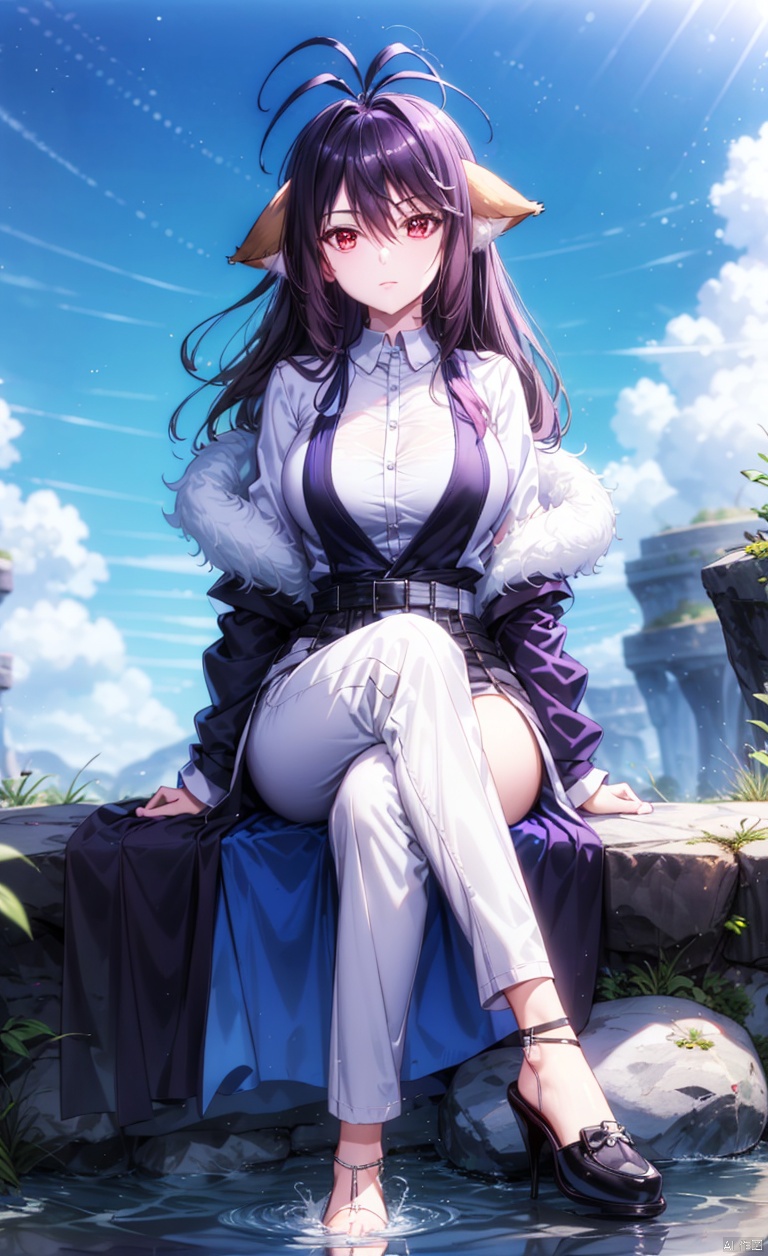Fox ears, animal ears, ears on the left and right sides of the head,
Purple hair, red eyes, long hair, dull hair, (an antenna hair), hair between the eyes, bangs, simple background, clear background. Blue sky, white clouds, white shirt, black tie, black jacket, black pants,
Sitting on a stone with crossed legs, by the water's edge,