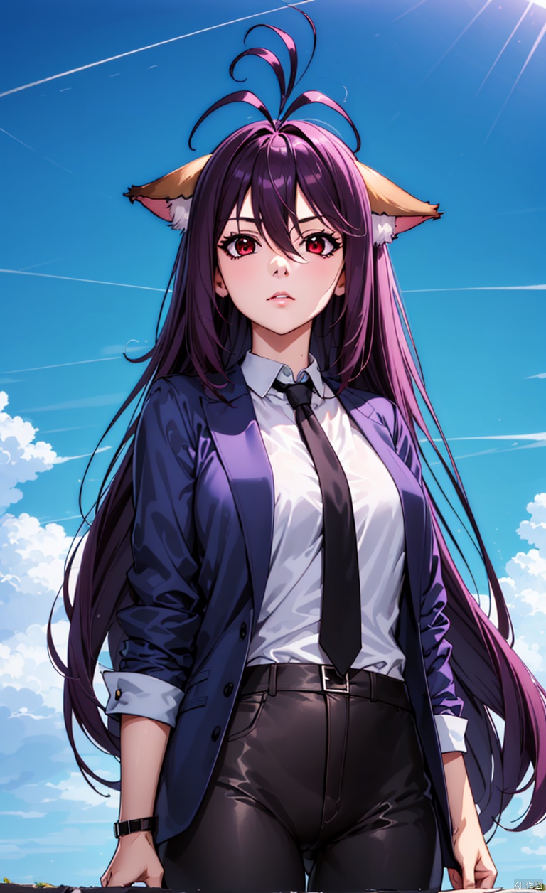 Fox ears, animal ears, ears on the left and right sides of the head,
Purple hair, red eyes, long hair, dull hair, (an antenna hair), hair between the eyes, bangs, simple background, clear background. Blue sky, white clouds, white shirt, black tie, black jacket, black pants,