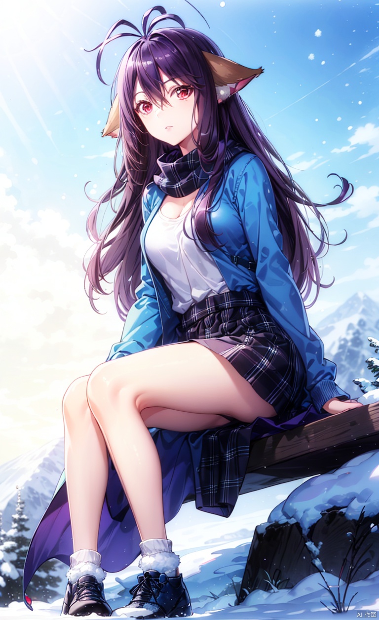 Fox ears, animal ears, ears on the left and right sides of the head,
Purple hair, red eyes, long hair, dull hair, (an antenna hair), hair between the eyes, bangs, simple background, clear background,
Blue sweater, furry clothes, furry top, purple scarf, medium length skirt, plaid skirt, jumpsuit, jumpsuit socks, black jumpsuit socks, sports shoes, shoes, on the mountaintop, overlooking the mountain below, sitting on the mountaintop, snow, snow background,