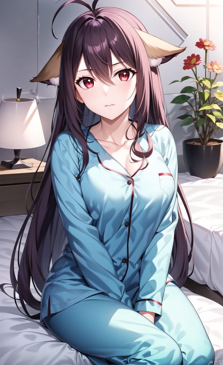 Fox ears, animal ears, ears on the left and right sides of the head,
Purple hair, red eyes, long hair, dull hair, (an antenna hair), hair between the eyes, bangs, simple background, clear background,
Red long sleeved pajamas, red long pajamas, indoors, sitting by the bed with legs open, flower pots and flowers on the table, hands supporting the bed, sitting posture,