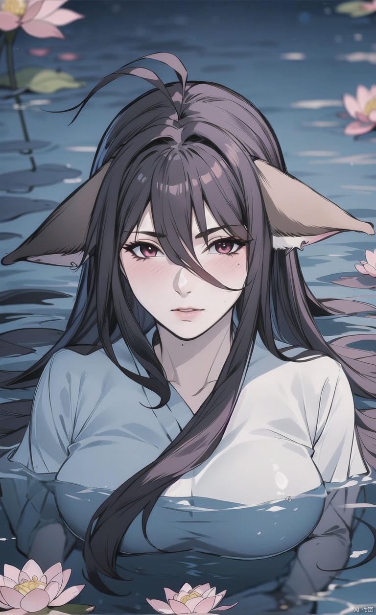 Fox ears, animal ears, ears on the left and right sides of the head,
Purple hair, red eyes, long hair, dull hair, (an antenna hair), hair between the eyes, bangs, simple background, clear background,
Lying in the water, lying supine in the water, with lotus flowers in the water, characters in the center of the water, ancient costumes, Hanfu, Chinese clothing, barefoot, belt, shy blush, red cheeks,
