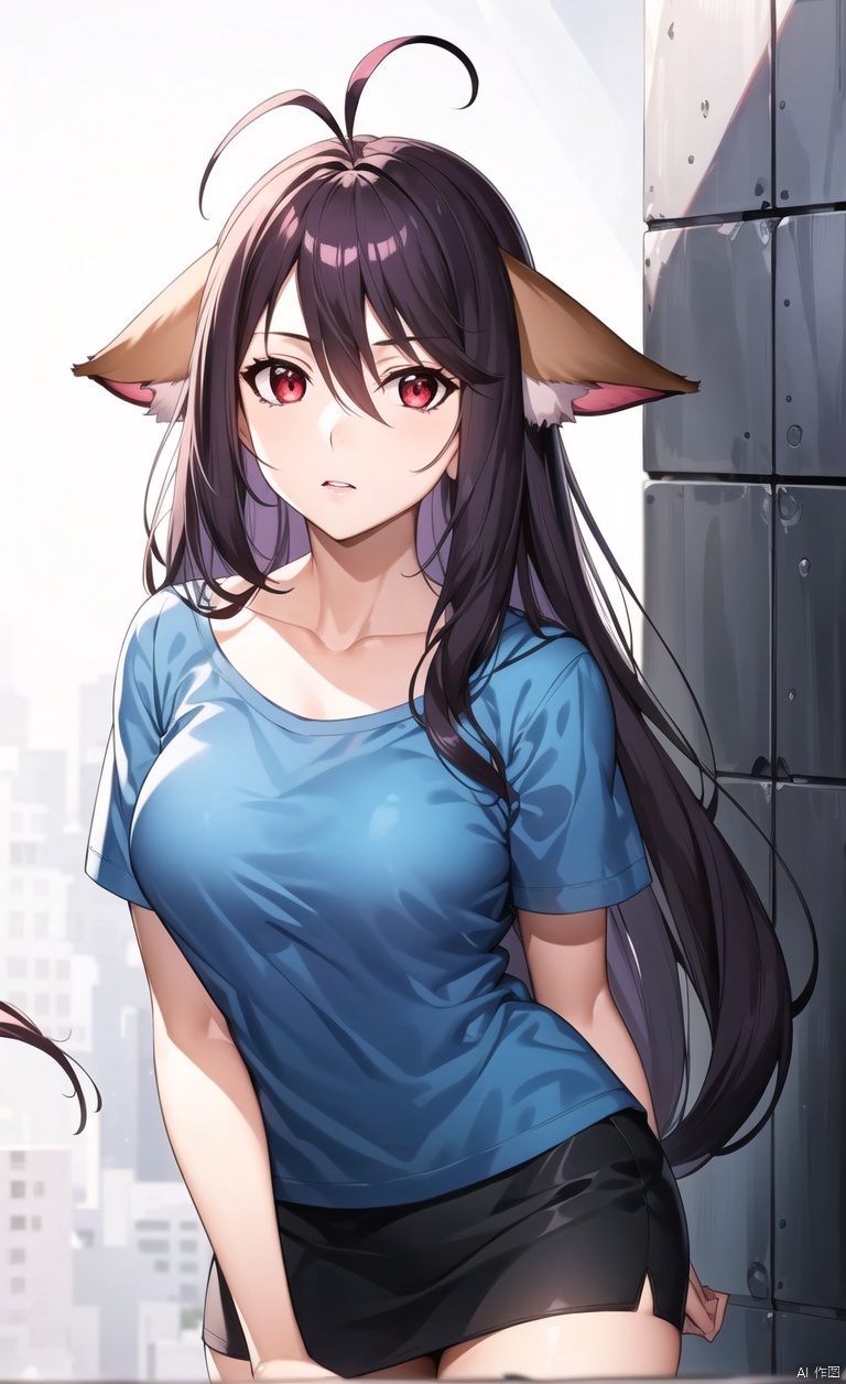 Fox ears, animal ears, ears on the left and right sides of the head,
Purple hair, red eyes, long hair, dull hair, (an antenna hair), hair between the eyes, bangs, simple background, clear background,
Urban background, T-shirt top, short sleeved T-shirt, short skirt, skirt, black stockings, black stockings, shoulder bag,