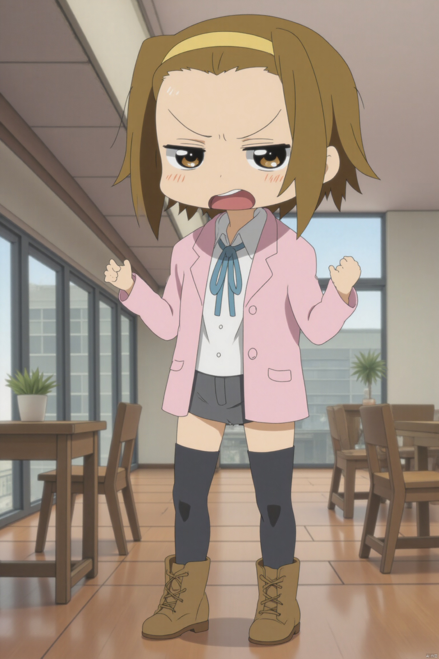 1girl, brown hair, brown eyes, blush, augh, thigh gap, chinese clothes, boots, stockings,hair_band