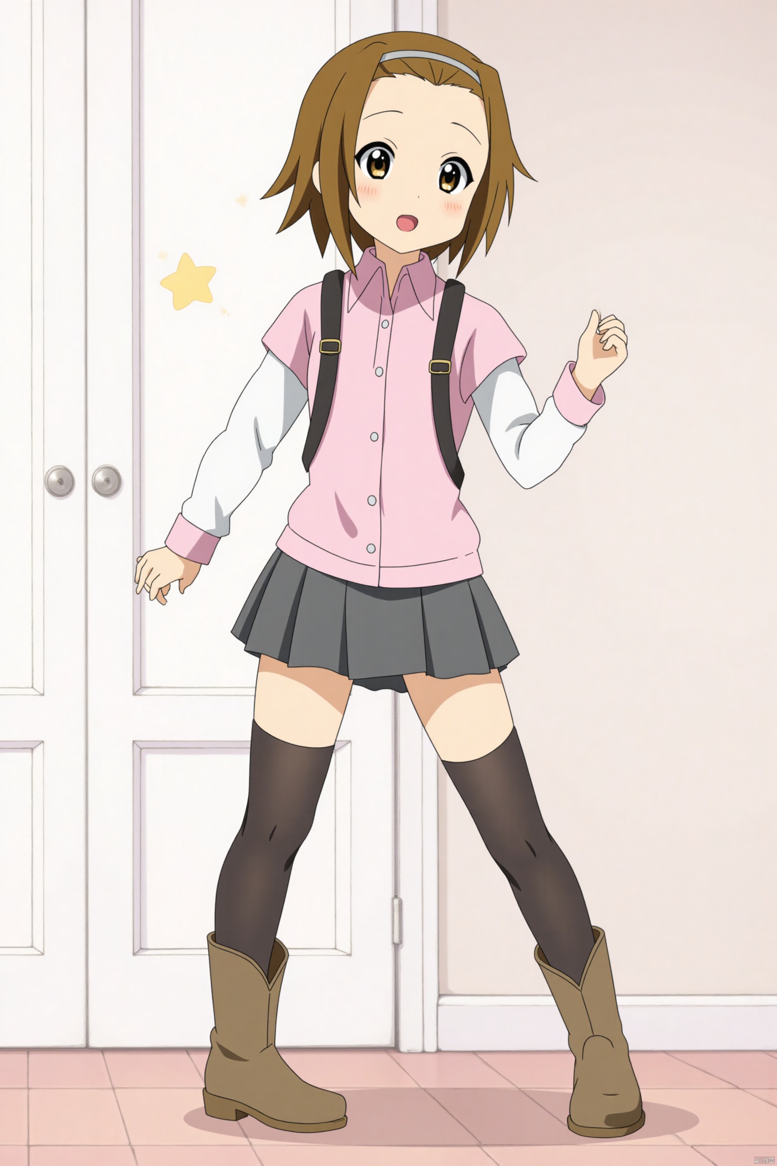 1girl, brown hair, brown eyes, blush,  thigh gap, chinese clothes, boots, stockings,hair_band,solo,cowboy_shot