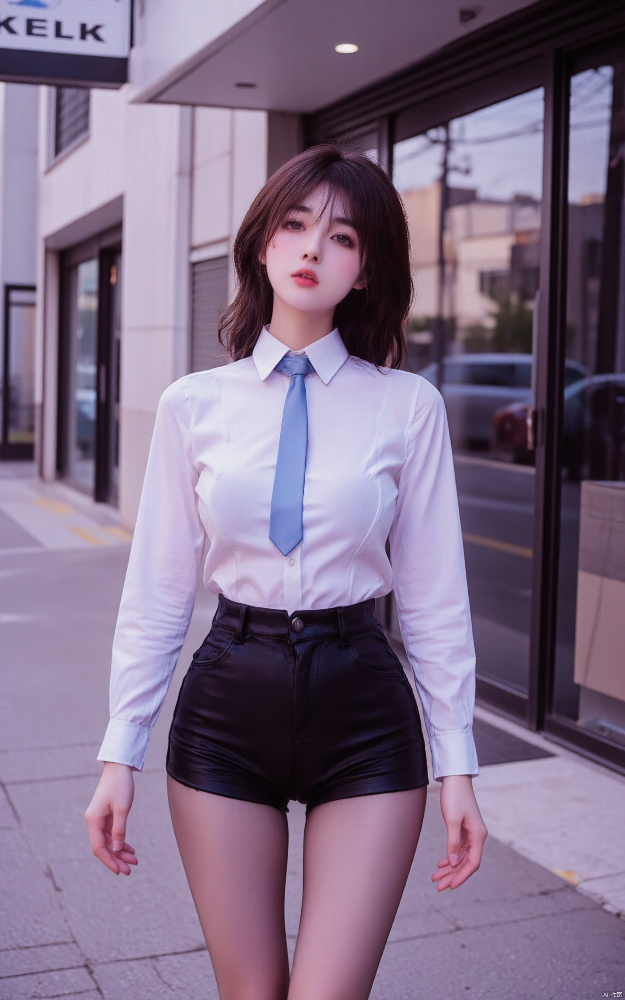 Pantyhose\(hubg Style)\,
a young Asian woman stands on a sidewalk in front of a building. She is dressed in a white long-sleeved button-down shirt, a blue tie, and black shorts. Her long brown hair is cascading down her shoulders, framing her face. The woman's eyes are a piercing blue, and her lips are pursed. The building behind her is adorned with a white sign that reads "KELKK" in black letters. A reflection of a car can be seen in the window of the building.