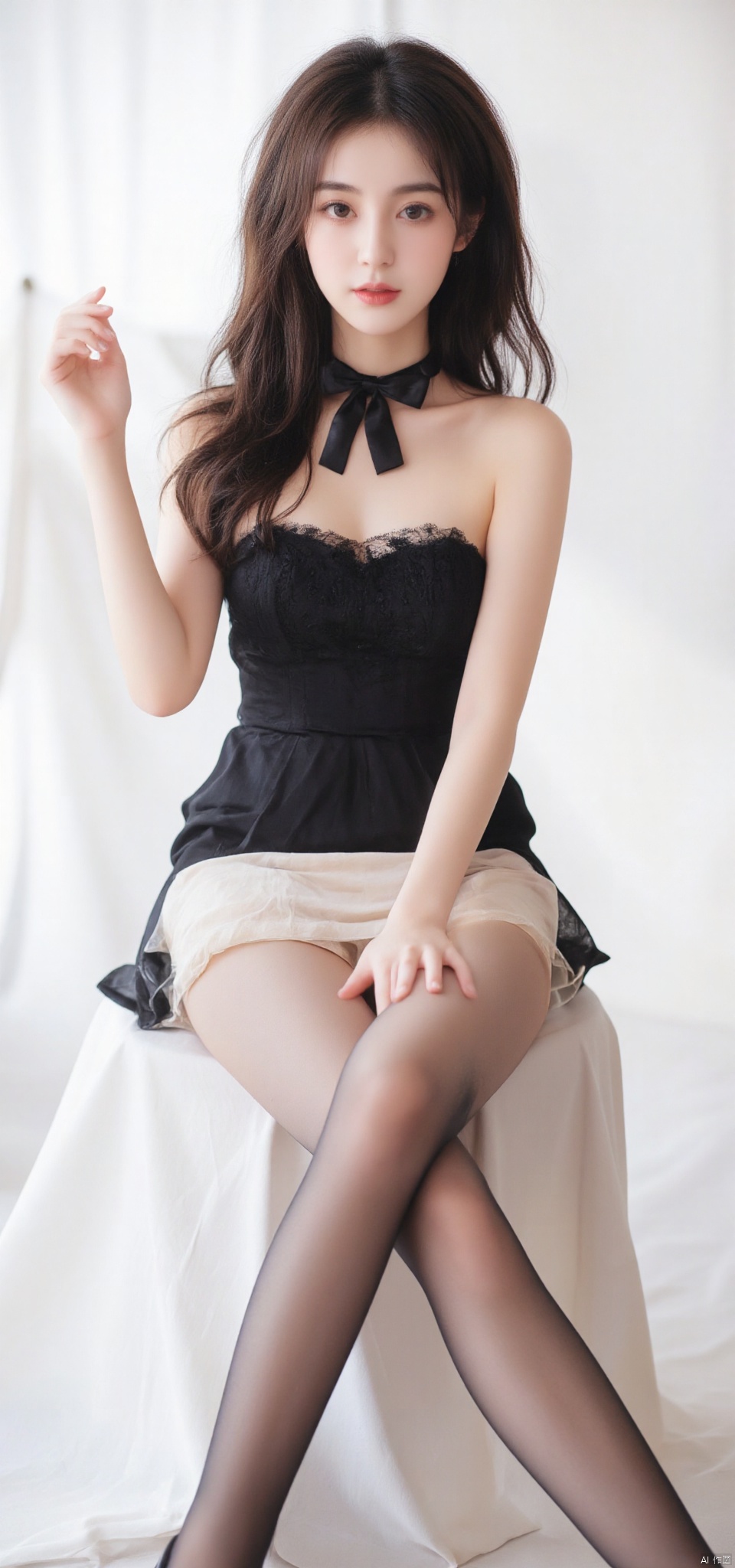 Pantyhose\(hubg Style)\,
a young Asian woman is seated against a stark white backdrop. She is dressed in a black strapless dress, adorned with a black choker and a pair of black high-heeled shoes. Her hair cascades over her shoulders, adding a pop of color to her face. She's wearing a black bow tie on her head, and her eyes are focused on the camera. Her left hand is raised in the air, her right hand resting on her hip. She has long dark hair, framing her face, and a slight smile on her lips.
