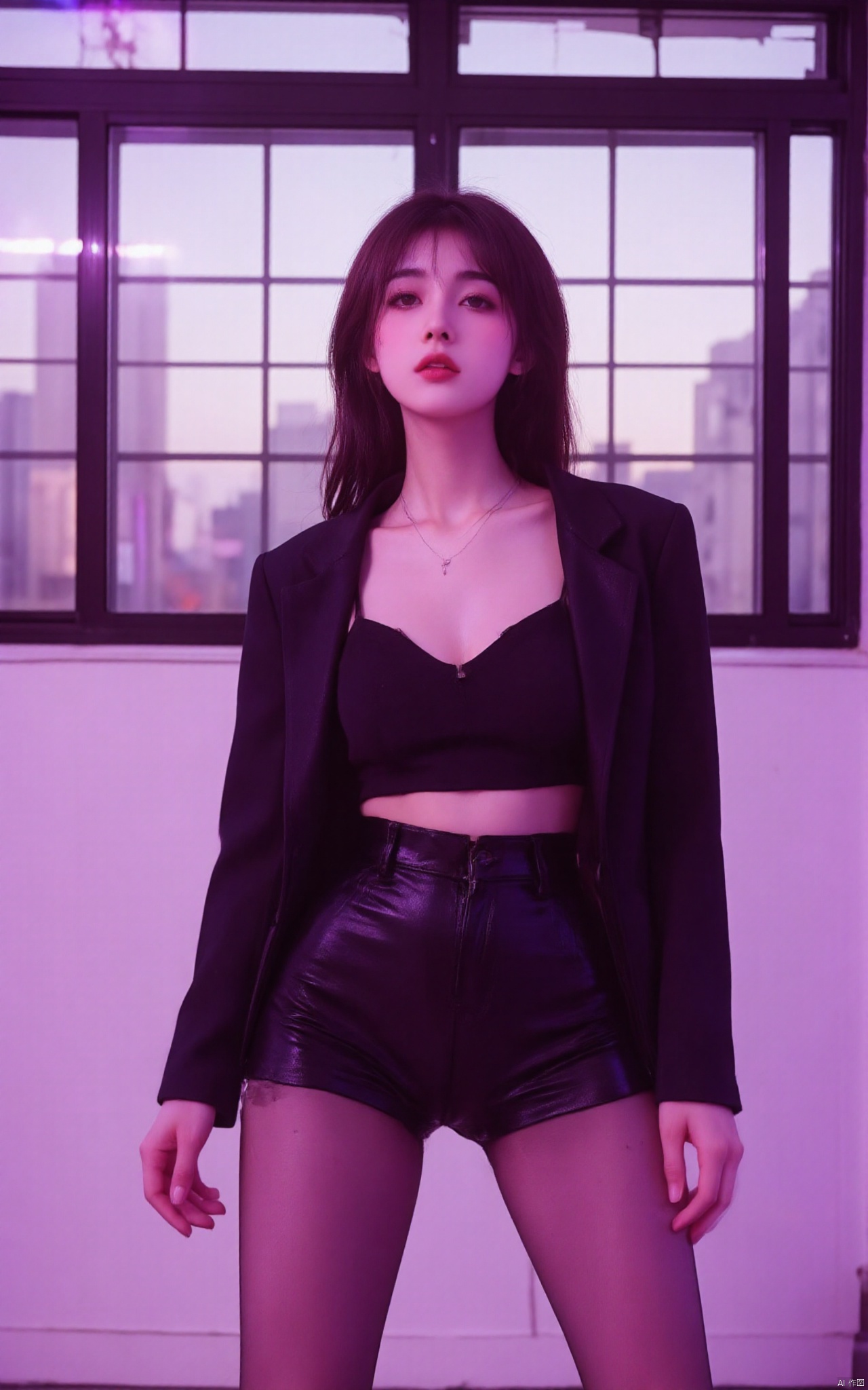 Pantyhose\(hubg Style)\,a young Asian woman, dressed in a black blazer, a black skirt, and black tights, is striking a pose in front of a large window. The woman's hair is long, straight, and her eyes are a piercing red. She is wearing a silver necklace, adding a pop of color to her outfit. The backdrop is a stark white wall, and the window is filled with windows, creating a striking contrast to the woman's outfit.