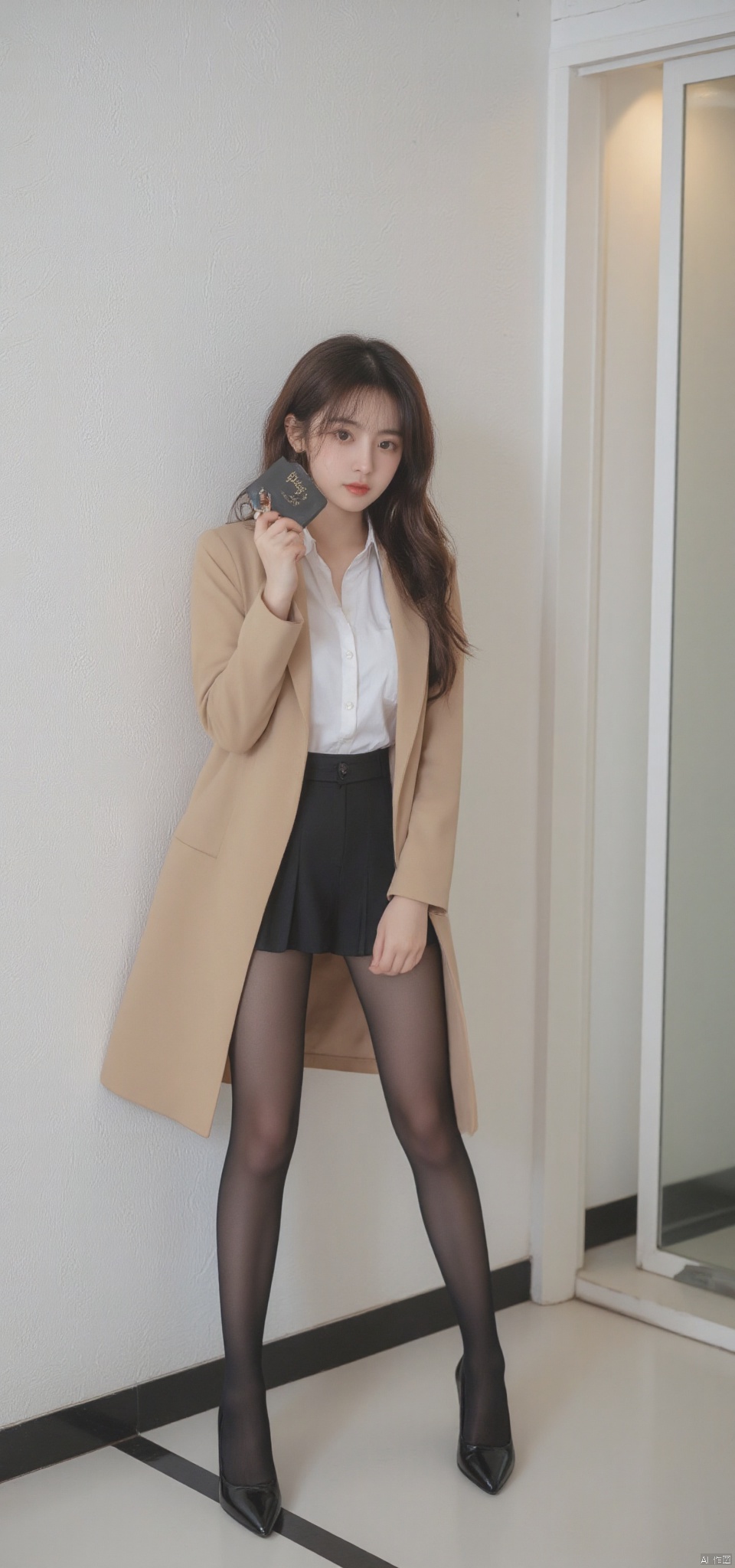 Pantyhose\(hubg Style)\,a young Asian woman stands in front of a white wall. She is dressed in a tan trench coat, a white collared button-down shirt, a black skirt, and black tights. Her long brown hair is cascading down her shoulders, adding a pop of color to her face. She's holding a black wallet in her left hand, adding to her attention. The wall behind her is adorned with a textured pattern that adds depth and dimension to the scene. The floor beneath her is a stark white, with a black stripe running down the center. To the right of her, a glass door can be seen.