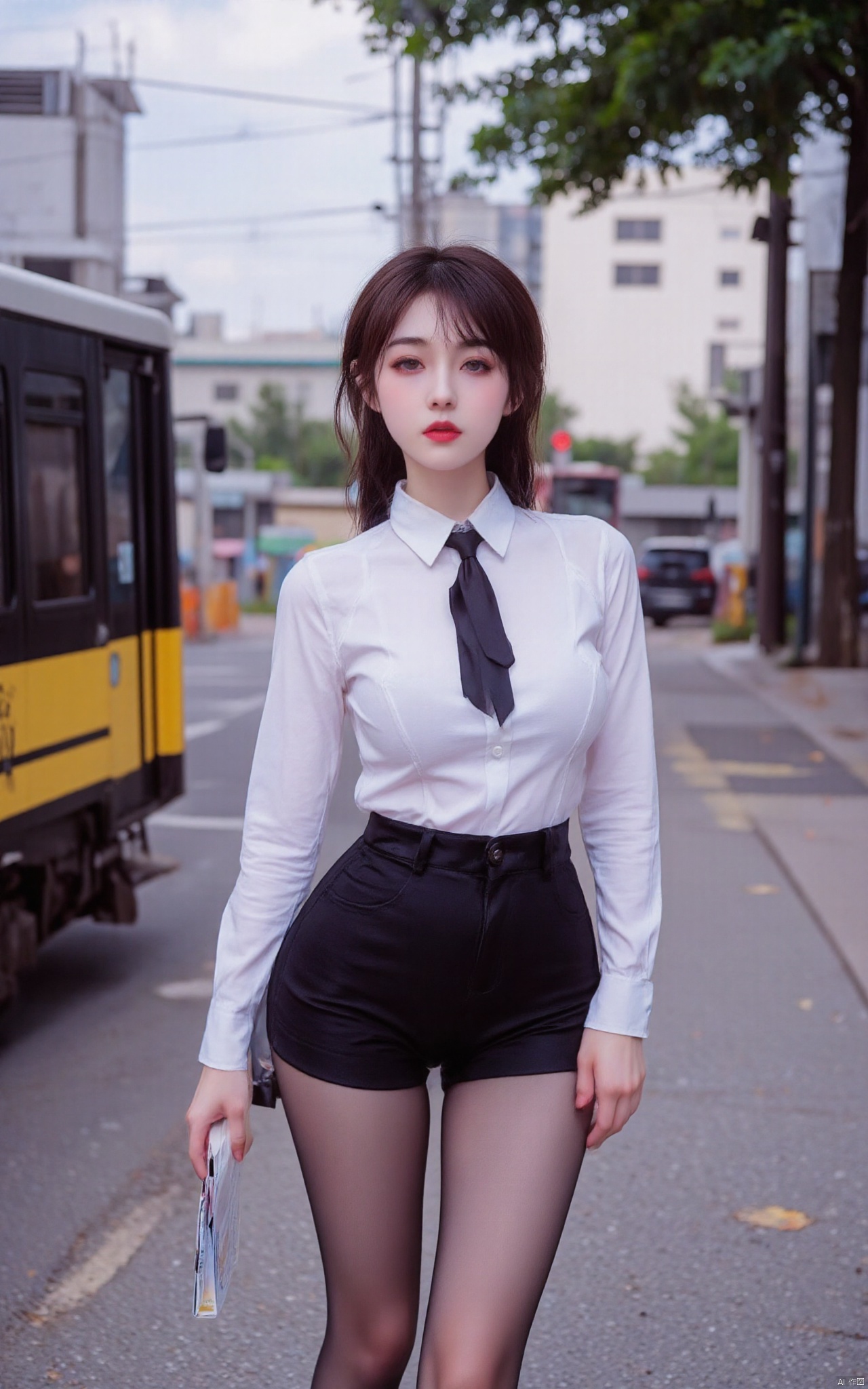Pantyhose\(hubg Style)\,
a young Asian woman stands on a gray concrete sidewalk. She is dressed in a white button-down long-sleeved shirt, a black tie, and black shorts. Her hair is pulled back in a ponytail, and she is wearing a pair of black tights. Her eyes are a piercing blue, and her lips are painted a bold red. She has a serious expression on her face. To her left, her left hand is resting on her hip, while her right hand is holding a book. To the left of her, a train is parked on the sidewalk. The train is painted black and yellow, with a black stripe on the side of the train. In the background, a white building and a green tree can be seen.