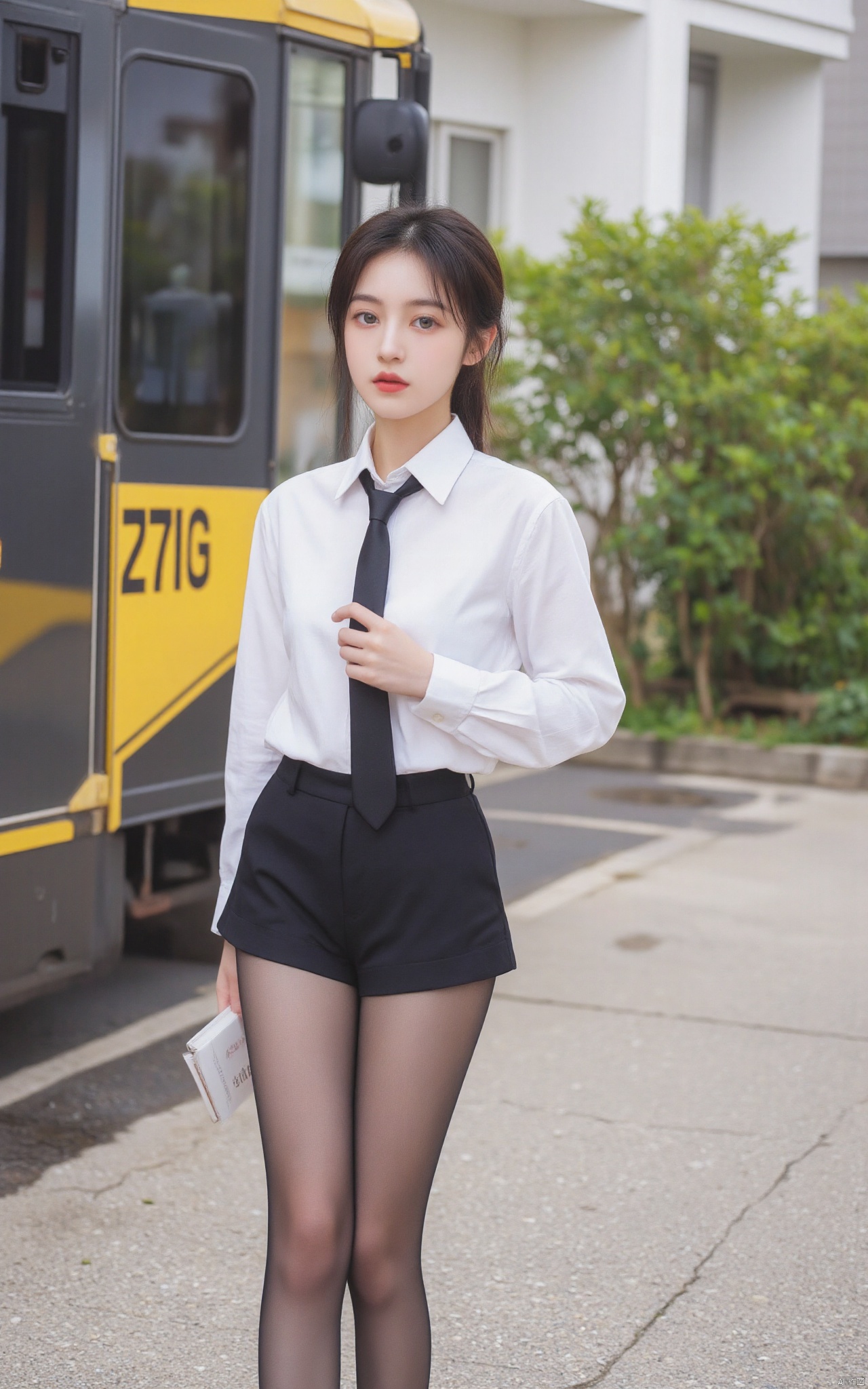 Pantyhose\(hubg Style)\,
a young Asian woman stands on a gray concrete sidewalk. She is dressed in a white button-down long-sleeved shirt, a black tie, and black shorts. Her hair is pulled back in a ponytail, and she is wearing a pair of black tights. Her eyes are a piercing blue, and her lips are painted a bold red. She has a serious expression on her face. To her left, her left hand is resting on her hip, while her right hand is holding a book. To the left of her, a train is parked on the sidewalk. The train is painted black and yellow, with a black stripe on the side of the train. In the background, a white building and a green tree can be seen.