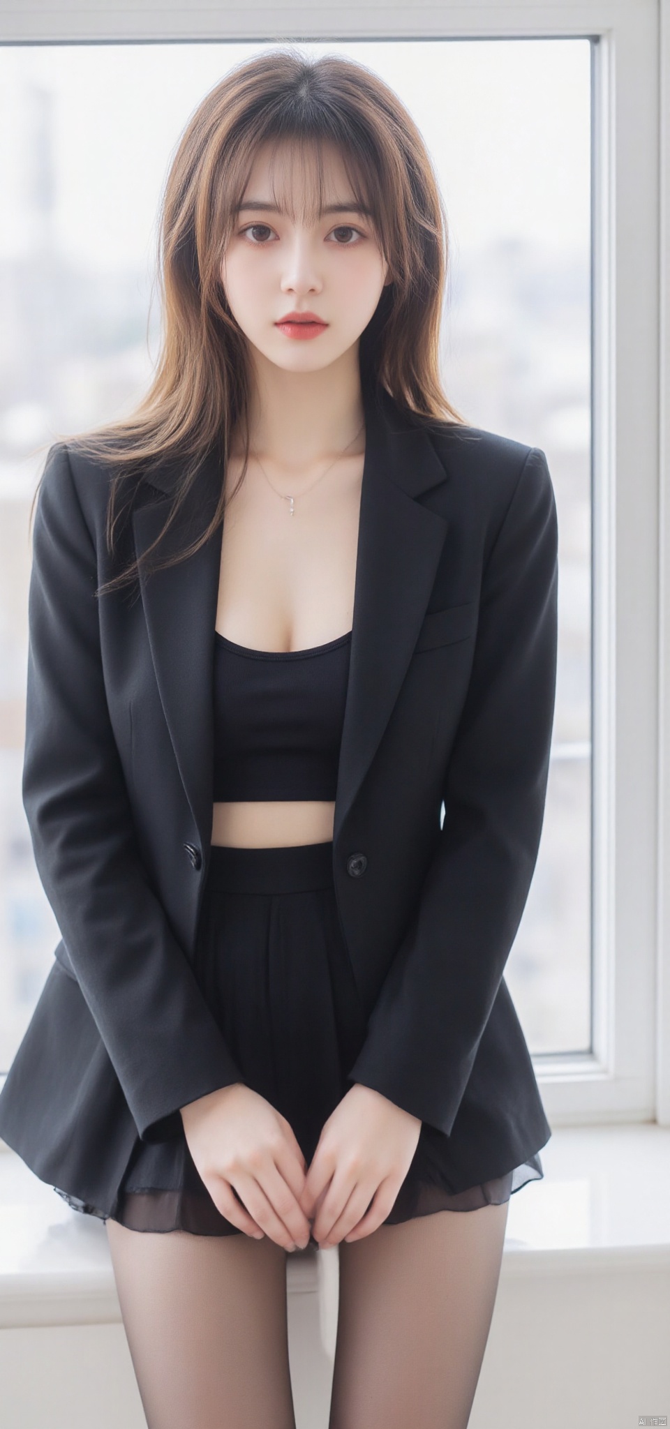 Pantyhose\(hubg Style)\,a young Asian woman, dressed in a black blazer, a black skirt, and black tights, is striking a pose in front of a large window. The woman's hair is long, straight, and her eyes are a piercing red. She is wearing a silver necklace, adding a pop of color to her outfit. The backdrop is a stark white wall, and the window is filled with windows, creating a striking contrast to the woman's outfit.