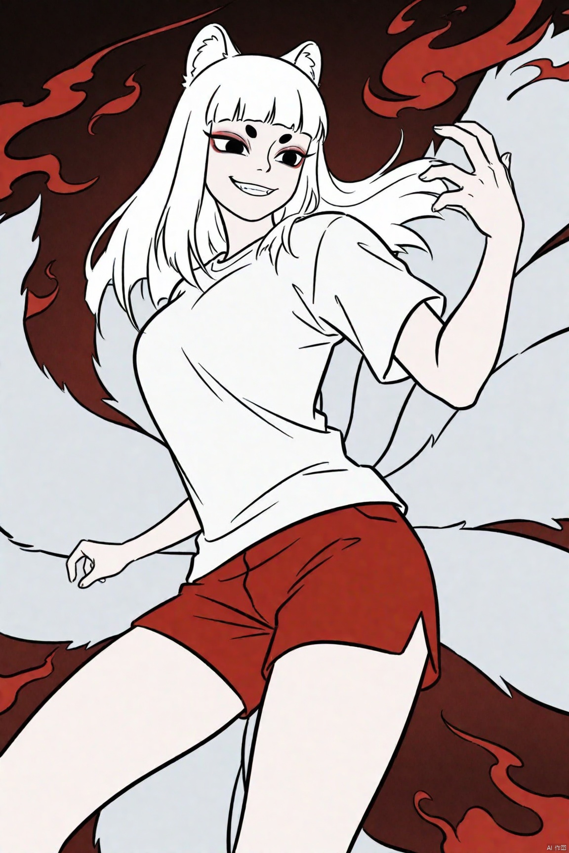 1girl, White shirt, Red shorts,jiuyue,black eyes,animal ears,kyuubi,evil grin,alternate universe,eyeshadow,busty,short white hair
