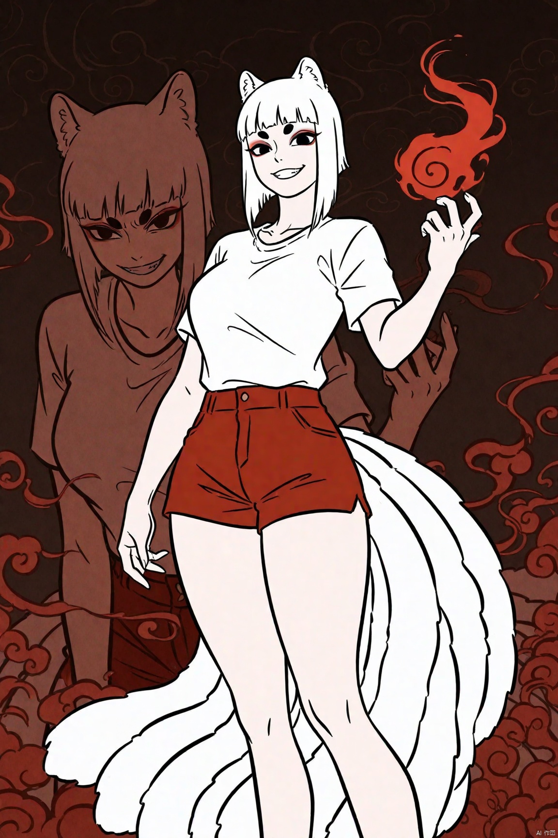 1girl, White shirt, Red shorts,jiuyue,black eyes,animal ears,kyuubi,evil grin,alternate universe,eyeshadow,Curvy,short white hair,